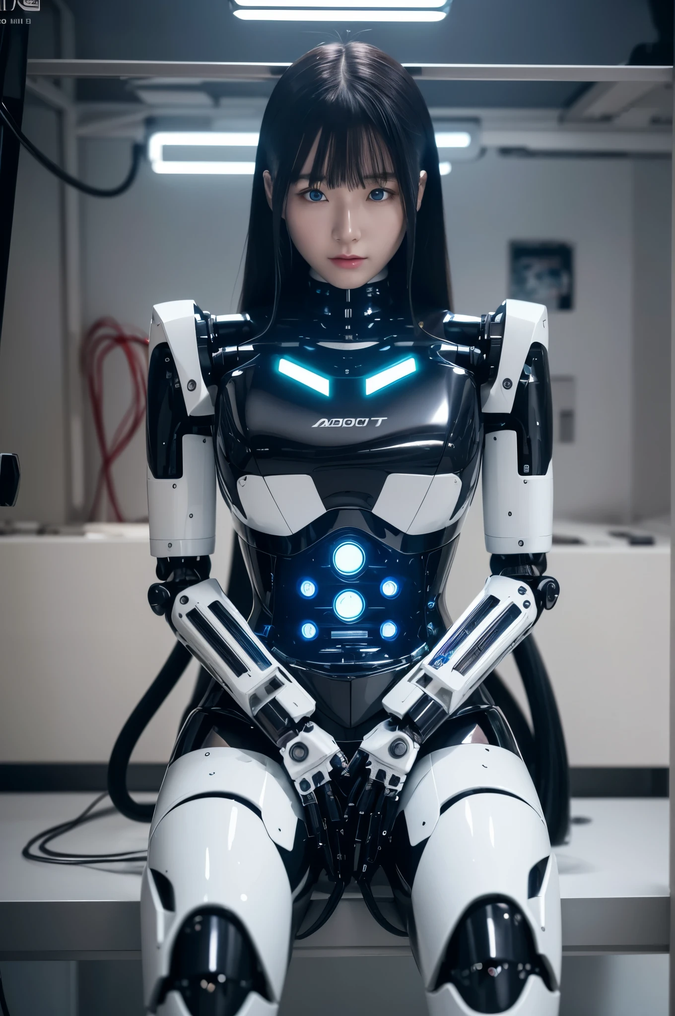 masterpiece, best quality, extremely detailed,8k portrait,Japaese android girl,Plump,control panels,android,Droid,Mechanical Hand, Robot arms and legs, Black Robot Parts,Black hair,Mechanical body,Blunt bangs,White robotics parts,perfect robot girl,long tube,thick cable connected her neck,ceramic body ,mechanical body,mechanical costume,android,robot,humanoid,cyborg,japanese android woman,mechanical chest,future laboratory,connecting a cable between the legs,(blue eyes:1.5)