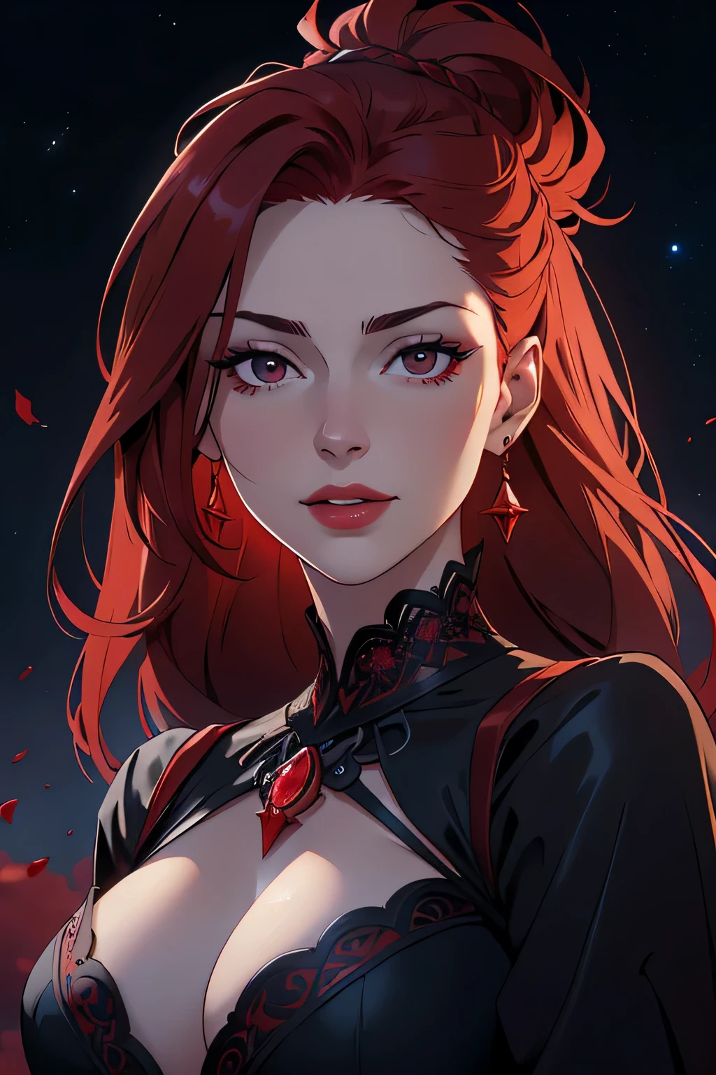 close up face, portrait shot, ((vivid red hair)), european face, sexy, mature woman, 30 years old, diamond face, moonlight, red starry sky background, depth of field, magic, big red lips, ((dark black eyes)) red long and full dress, covered chest, small breast, mystical atmosphere, ominous shadows, Intense blue aura, Intense red aura (best quality:1.2), absurdres, intricate details, (highly detailed skin:1.2), smile expression, dynamic poses, taut and well defined body, attractive. Highly realistic, pale skin, beautiful, hyperrealism, skin very elaborated, direct gaze