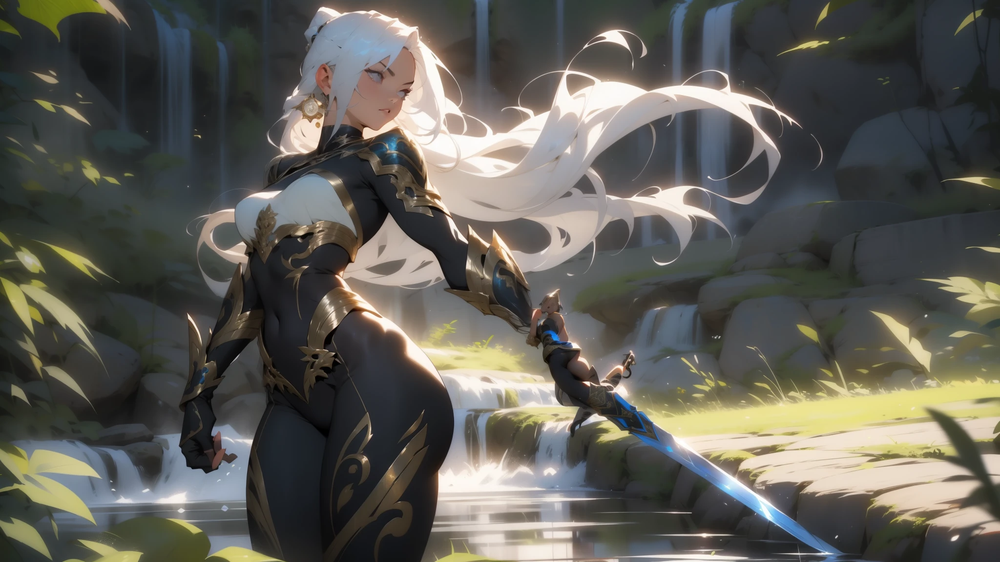 Ninja waifu, standing gracefully before a serene 4k wallpaper of her lush village, showcases her breathtakingly beautiful body. With every curves and contour delightfully captured, her form exudes an ethereal allure. Her long, cascading beautiful hair flows gently in the breeze, shimmering like a waterfall of silk. Her delicate hands, with their intricately detailed fingers, rest on the hilt of her sword, creating a captivating contrast between strength and grace. The play of light and shadow on her body enhances her beauty, highlighting her toned muscles and smooth skin. Her eyes, full of intelligence and determination, sparkle with a fierce spirit