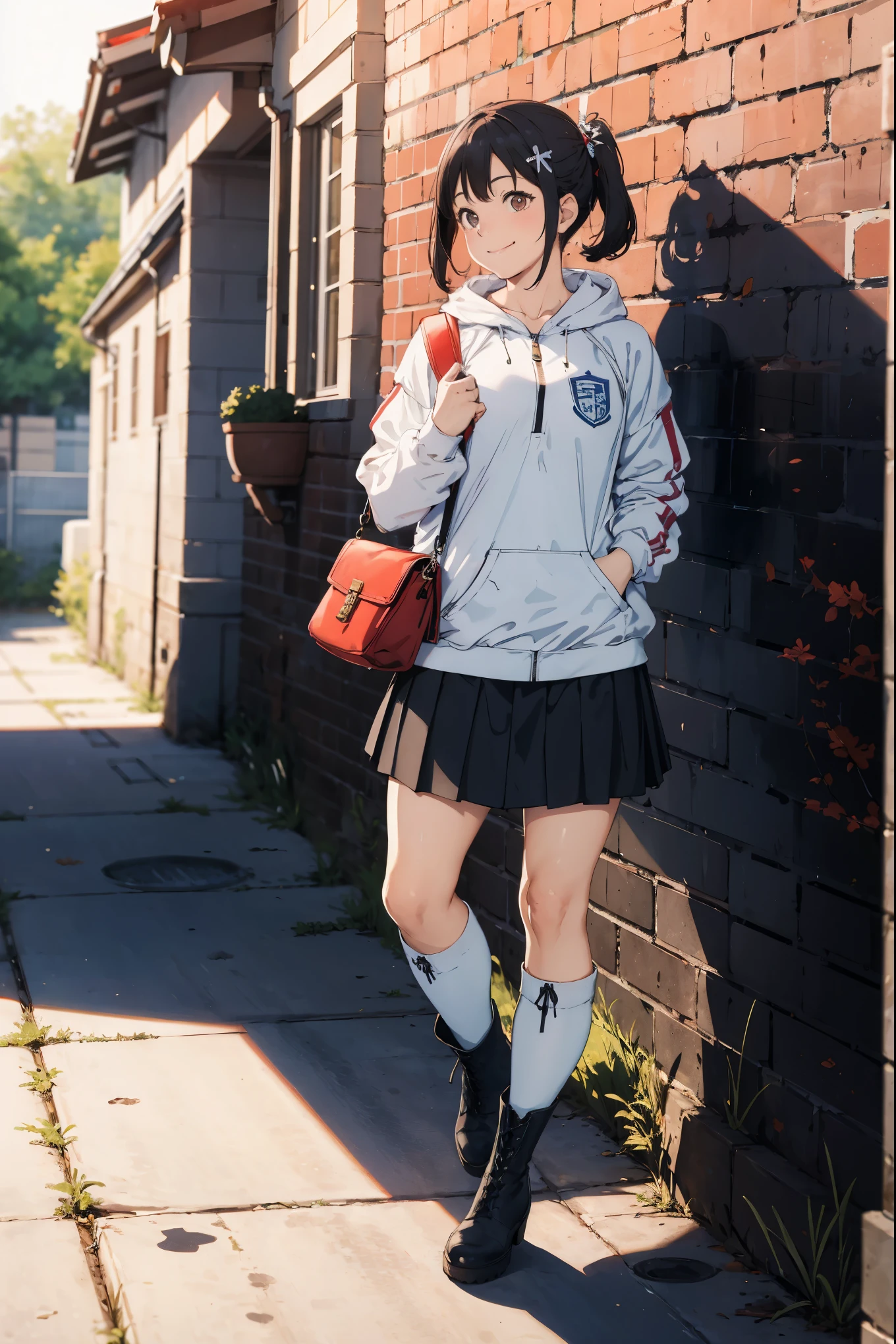 masterpiece,best quality,absurdres,depth of field,1girl,perfect body,looking side,smile,white long tulle skirt,white zipup boots,red soccer jersey,oversized jersey,a luxury brand shoulder bag,stand against the brick wall,full_shot,front view,dynamic_angle,