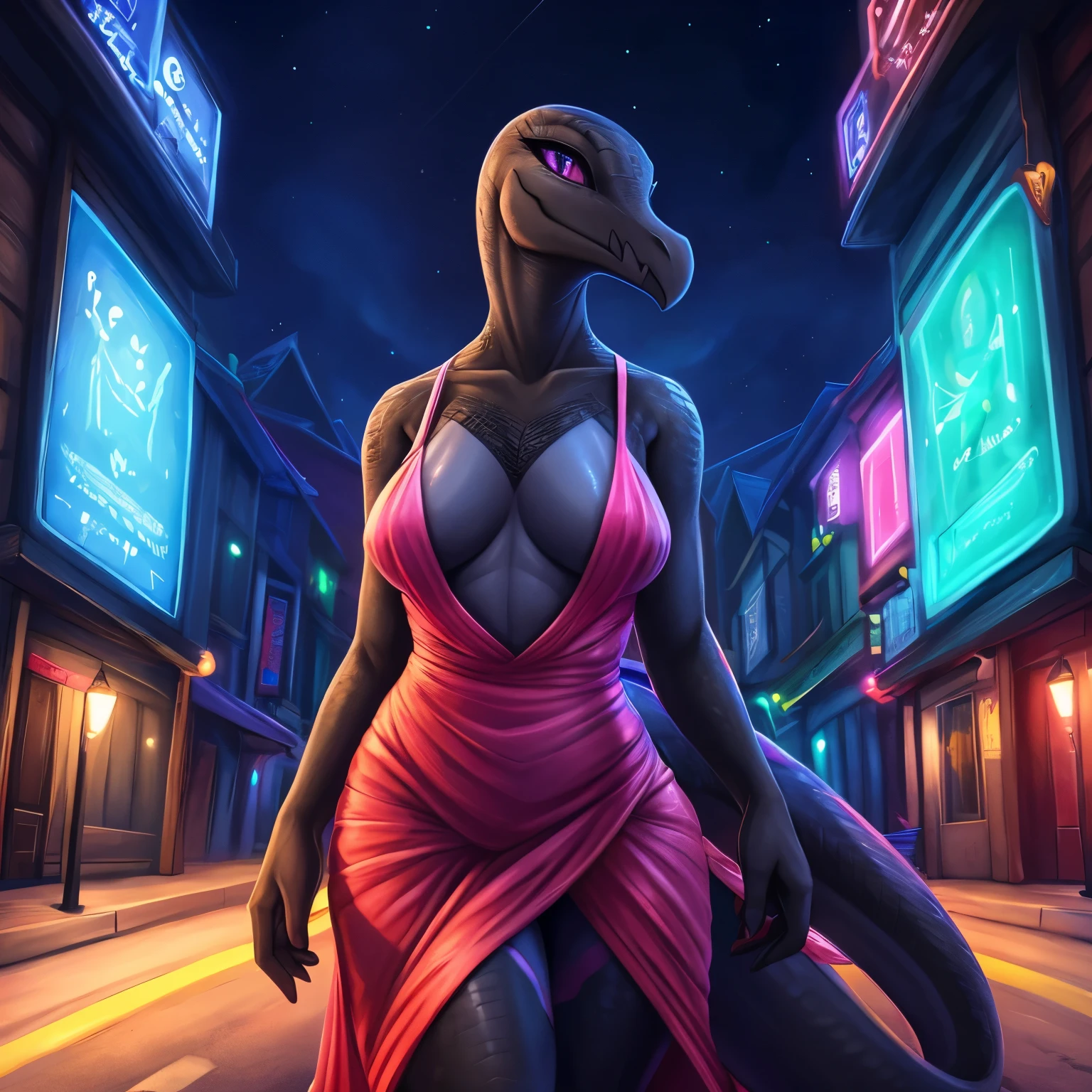 (photonoko:1.1), (thousandfoldfeathers:1.05), (dimwitdog:0.95), (vader-san:0.95), (r-mk:0.6), (syuro:0.5), solo, argonian, the elder scrolls, female, anthro, Salazzle from pokemon, pokemon, hi res, scalie , night time, street, , black body, scales, looking at viewer, seductive eyes, white scales, , looking at viewer, walking,cozy lights, pokemon, milf, wearing a cute pink dress