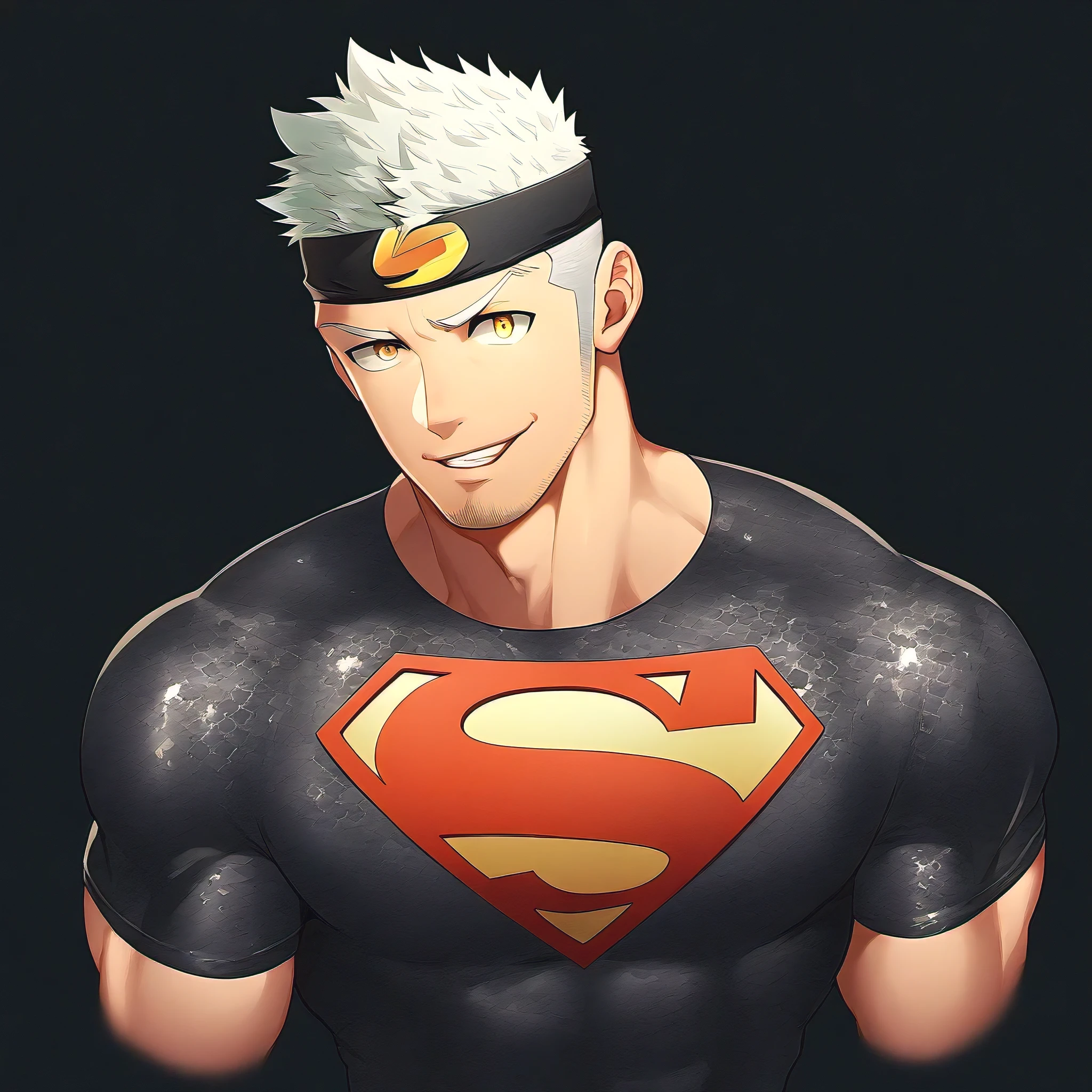 anime characters:Guy, priapus, 1 young muscular man, male focus, Sporty black headband, Gray-red turtleneck tight-fitting Superman T-shirt, Shiny snakeskin textured T-shirt, emphasize, superman logo, muscular male, muscular, only, Upper body, alone, white short hair, stubble, yellow eyes, blink, black background, Simple background, amazing quality, best aesthetics, ridiculous, bright pupils, short hair, naughty face, torogao, open lips, best quality