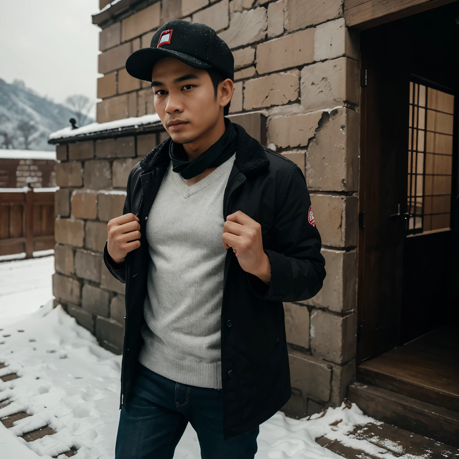 27 year old handsome Indonesian man, chubby cheeks, neat short hair, wearing a black baseball cap with red motifs, clean smooth face, wearing a coat jacket, carrying a photo camera hanging around his neck, standing on the Great Wall of China, cold winter atmosphere, snow scattered on the floor and walls, photorealistic, clear, detailed and complicated, professional photographer, Ultra Hd, hyper realistic
