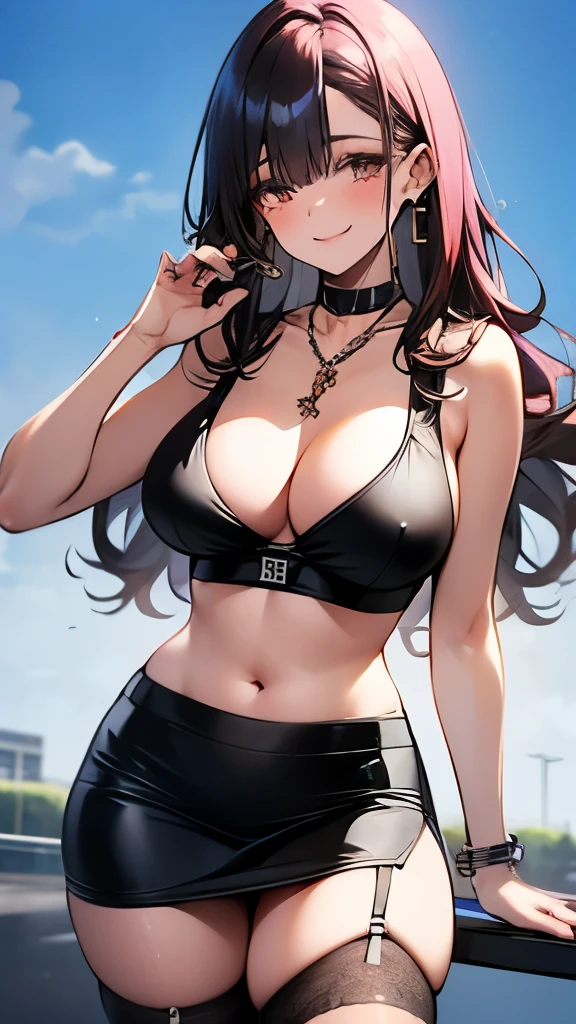 20 year old woman、wet dress、big and full breasts、biomechanics , breast proportions, shy smile、 ニーハイstockings, adult woman, (when it enters the sheath:1.3), long wavy hair、dark brown hair, mini skirt, (shiny skin), brown eyes, Kamimei、long wavy hair、swelling、stockings、Upskirt、plump hips、Larger earrings、necklace、 (stand in a motorsport race)+, sexy hips、Kamimei、chest opening、chest emphasis pose、pink panties、pink lace bra