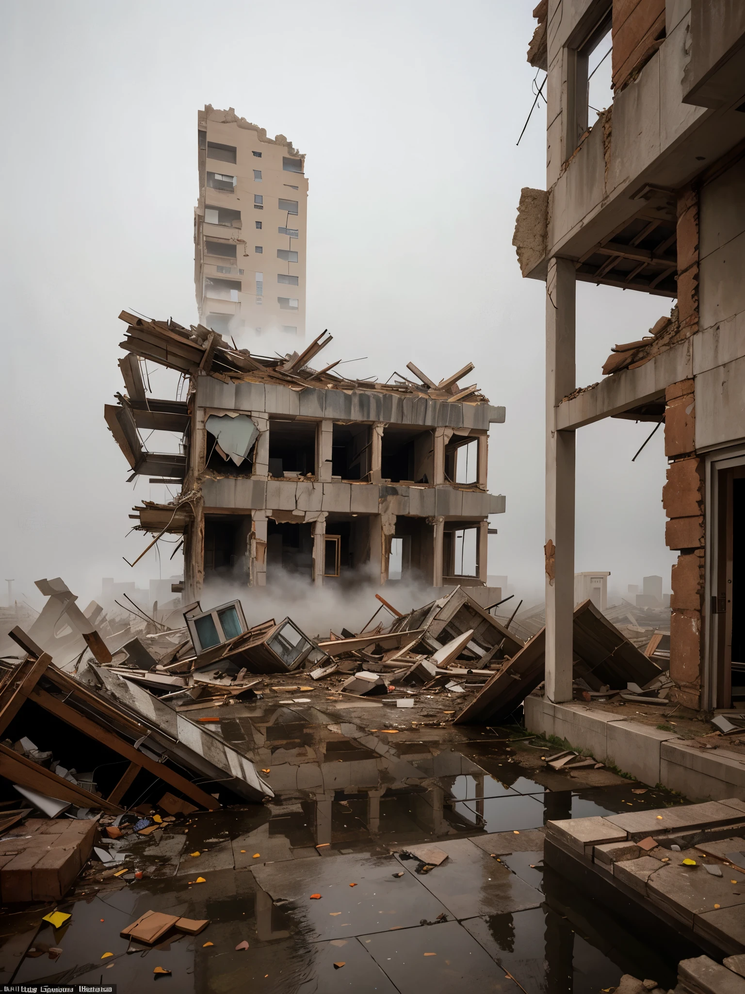 k hd,Super detailed,The illustrations are of high quality,In gray weather,Dilapidated ruins of a modern city, foggy
