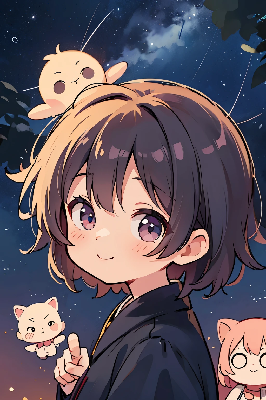 The following scenes will be expressed using chibi girl dolls.（Photoreal、Looking up at the stars in the night sky and pointing、eye up、smile、Take a photo from the side）
