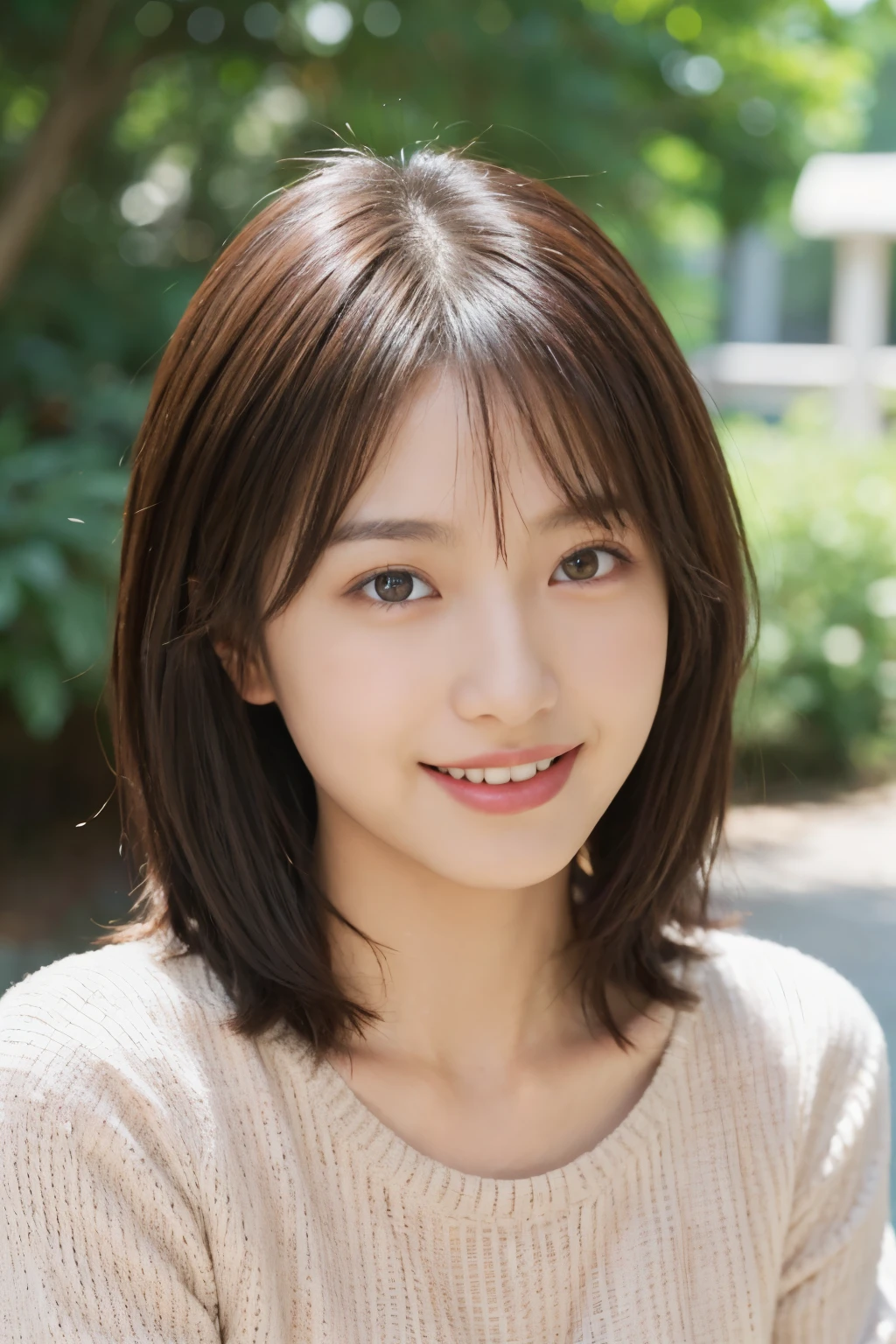 (nffsw, hight resolution:1.5, Best Quality, high details:1.5, Super Detail, Textured skin), (A Japanese Lady), 28 years old, (A MILF), (Upper body: 1.5), (Brown hair), (thin lipss:1.5) (Short hair), (aqua eyes), (Sauce order), (A smile), (Textured skin), (sweater), outdoor background.