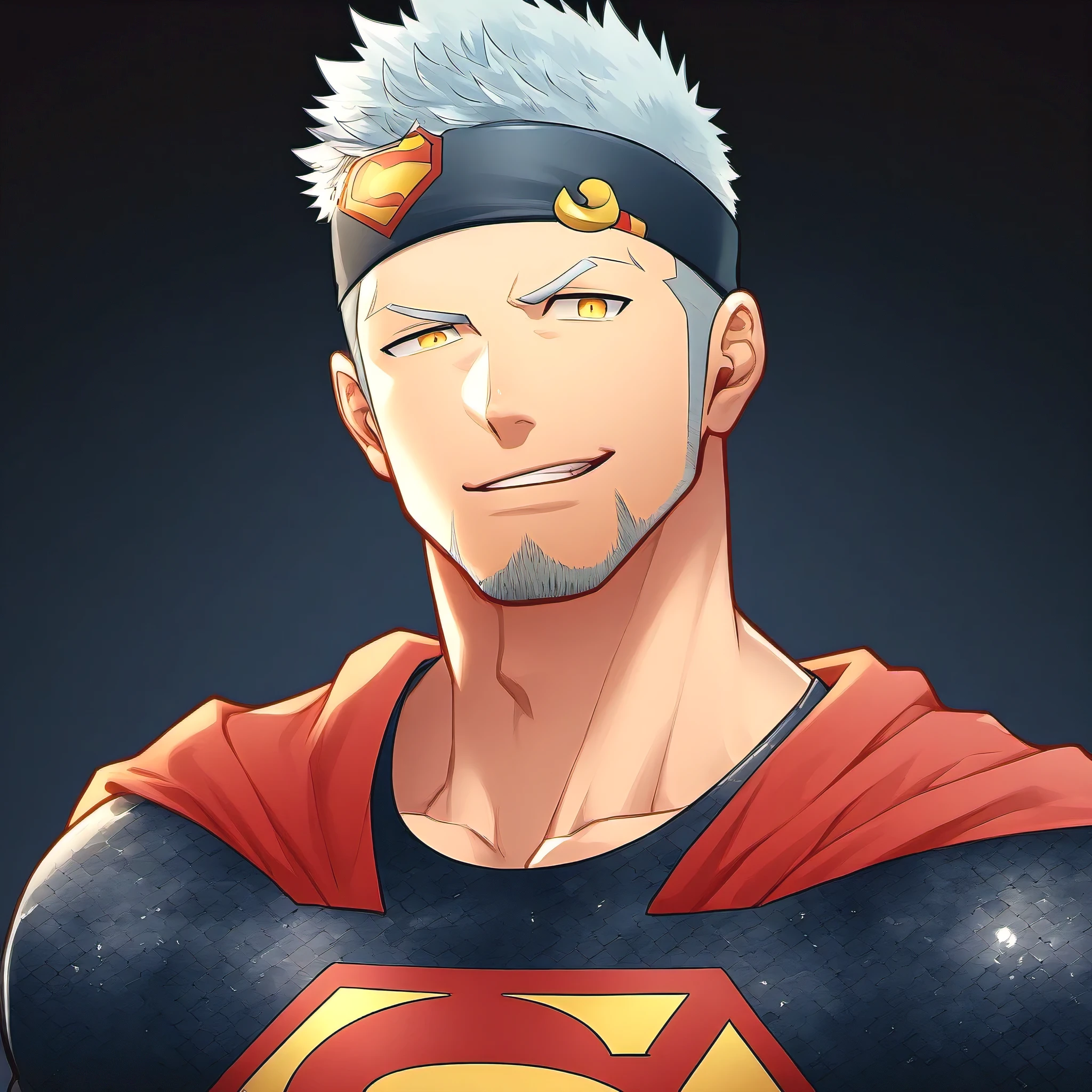anime characters:Guy, priapus, 1 young muscular man, male focus, Sporty black headband, Gray-red turtleneck tight-fitting Superman T-shirt, Shiny snakeskin textured T-shirt, emphasize, superman logo, muscular male, muscular, only, Upper body, alone, white short hair, stubble, yellow eyes, blink, black background, Simple background, amazing quality, best aesthetics, ridiculous, bright pupils, short hair, naughty face, torogao, open lips, best quality