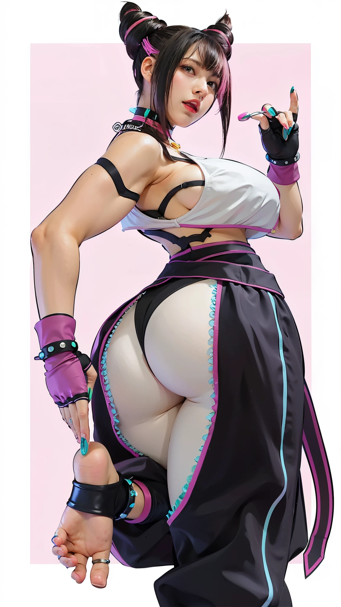 a close up of a cartoon of a woman with a pink background, juri han from street fighter, juri misaki, character from king of fighters, commission for high res, kda, cutesexyrobutts, tifa, tifa lockhart, thicc, bara, portrait of tifa lockhart, seductive tifa lockhart portrait, highly detailed exquisite fanart