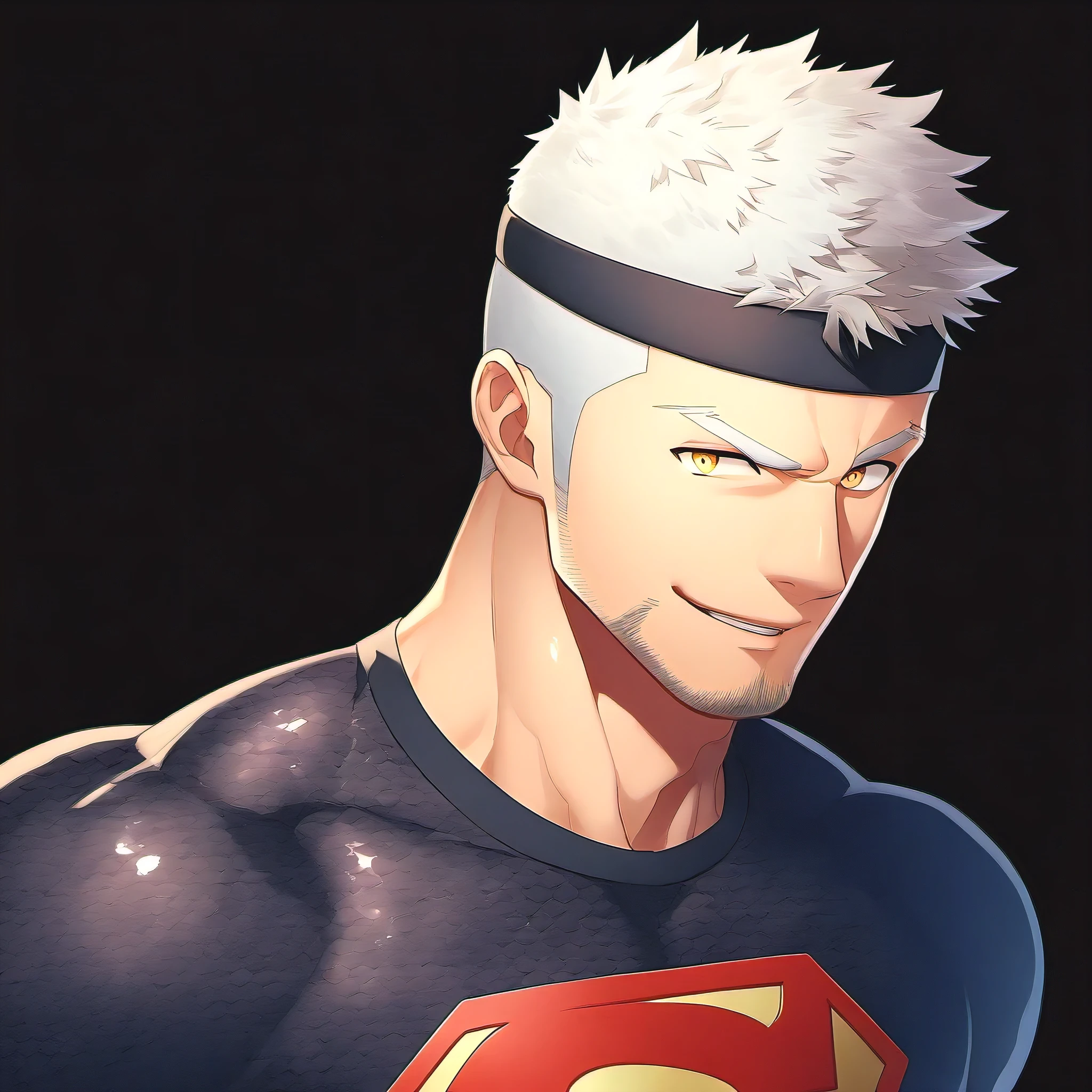 anime characters:Guy, priapus, ung muscular man, male focus, Sporty black headband, Gray-red turtleneck tight-fitting Superman T-shirt, Shiny snakeskin textured T-shirt, emphasize, superman logo, muscular male, muscular, only, Upper body, alone, white short hair, stubble, yellow eyes, blink, black background, Simple background, amazing quality, best aesthetics, ridiculous, bright pupils, short hair, naughty face, torogao, open lips, best quality