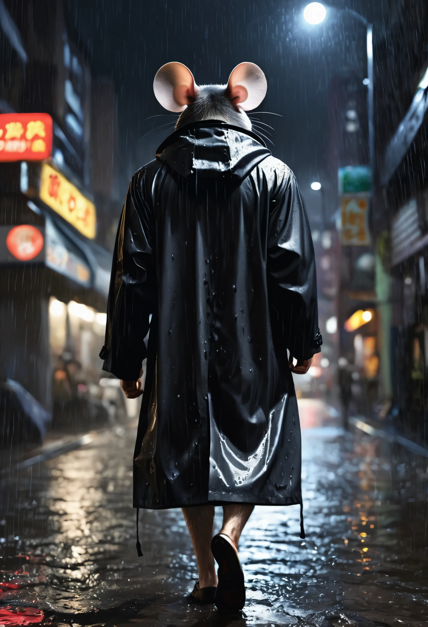 Males, only the back is visible, anthropo mouse, WEARING A RAINCOAT (black) , muscular body, back, Ganster district, night, heavy rain, Photorealistic, hyperrealistic, Ultra detailed,right through,costs, wide viewing angle, far below, full moon