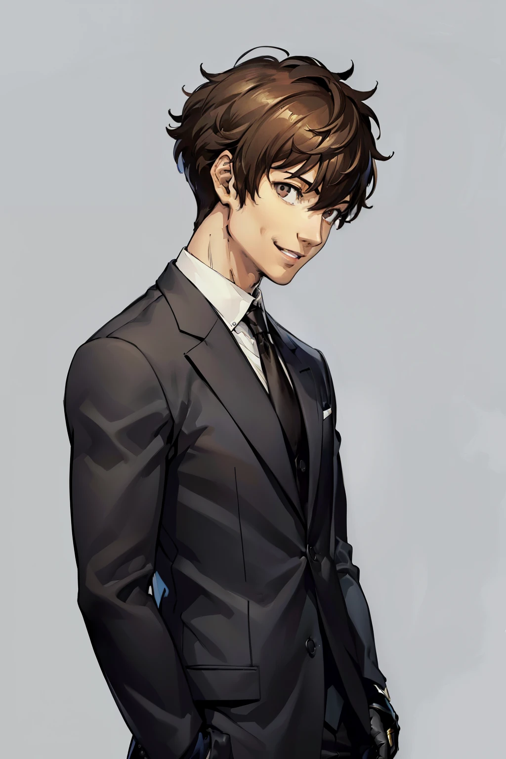 (masterpiece, highest quality:1.2),Good physique、black suitを着て立っているアニメのキャラクター,(white shirt、black suit)、 ((masterpiece, highest quality)) 1 boy、((short hair、brown hair,undercut)、(smile)