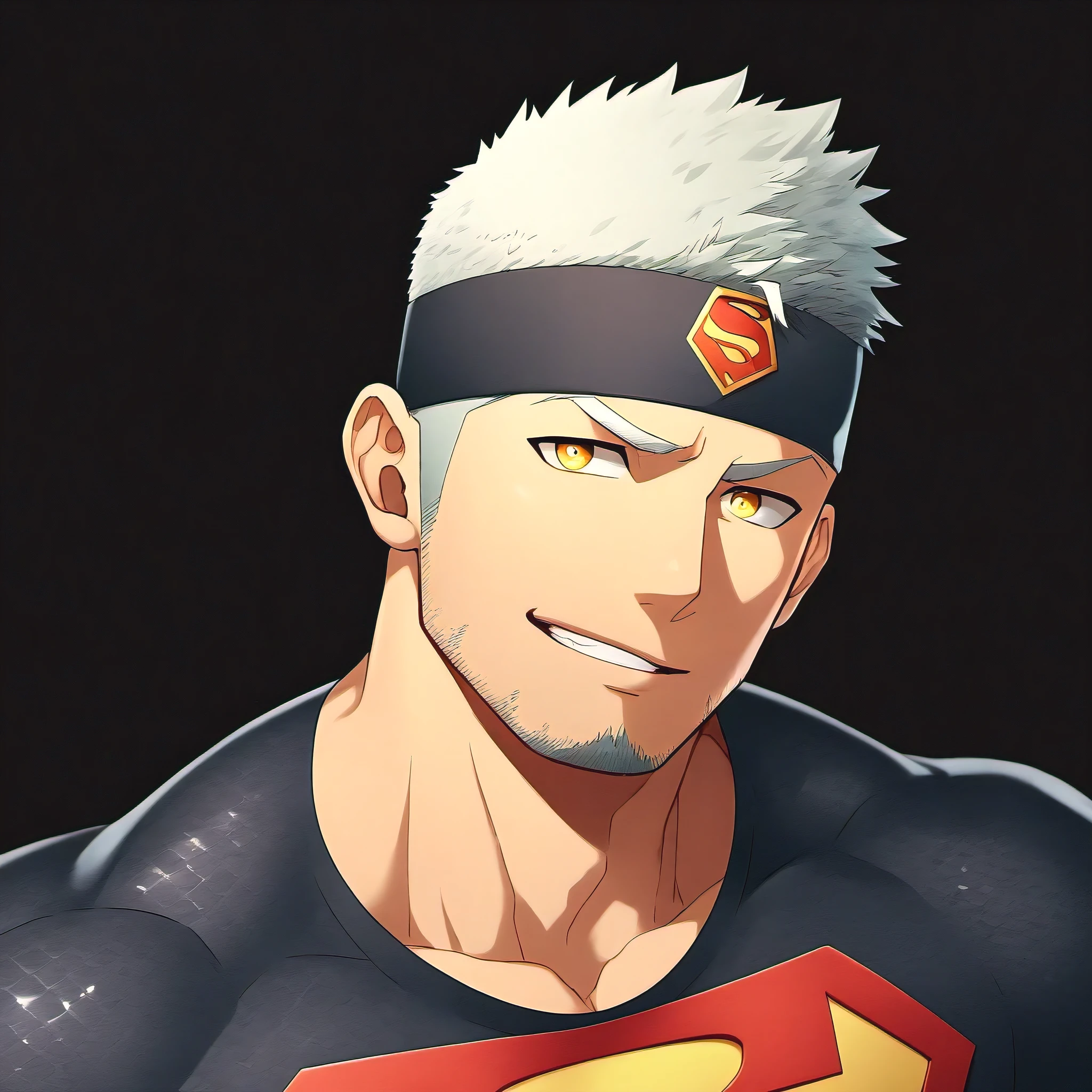 anime characters：Guy, priapus, ung muscular man, male focus, Sporty black headband, Gray-red turtleneck tight-fitting Superman T-shirt, Shiny snakeskin textured T-shirt, emphasize, superman logo, muscular male, muscular, only, Upper body, alone, white short hair, stubble, yellow eyes, blink, black background, Simple background, amazing quality, best aesthetics, ridiculous, bright pupils, short hair, naughty face, torogao, open lips, best quality