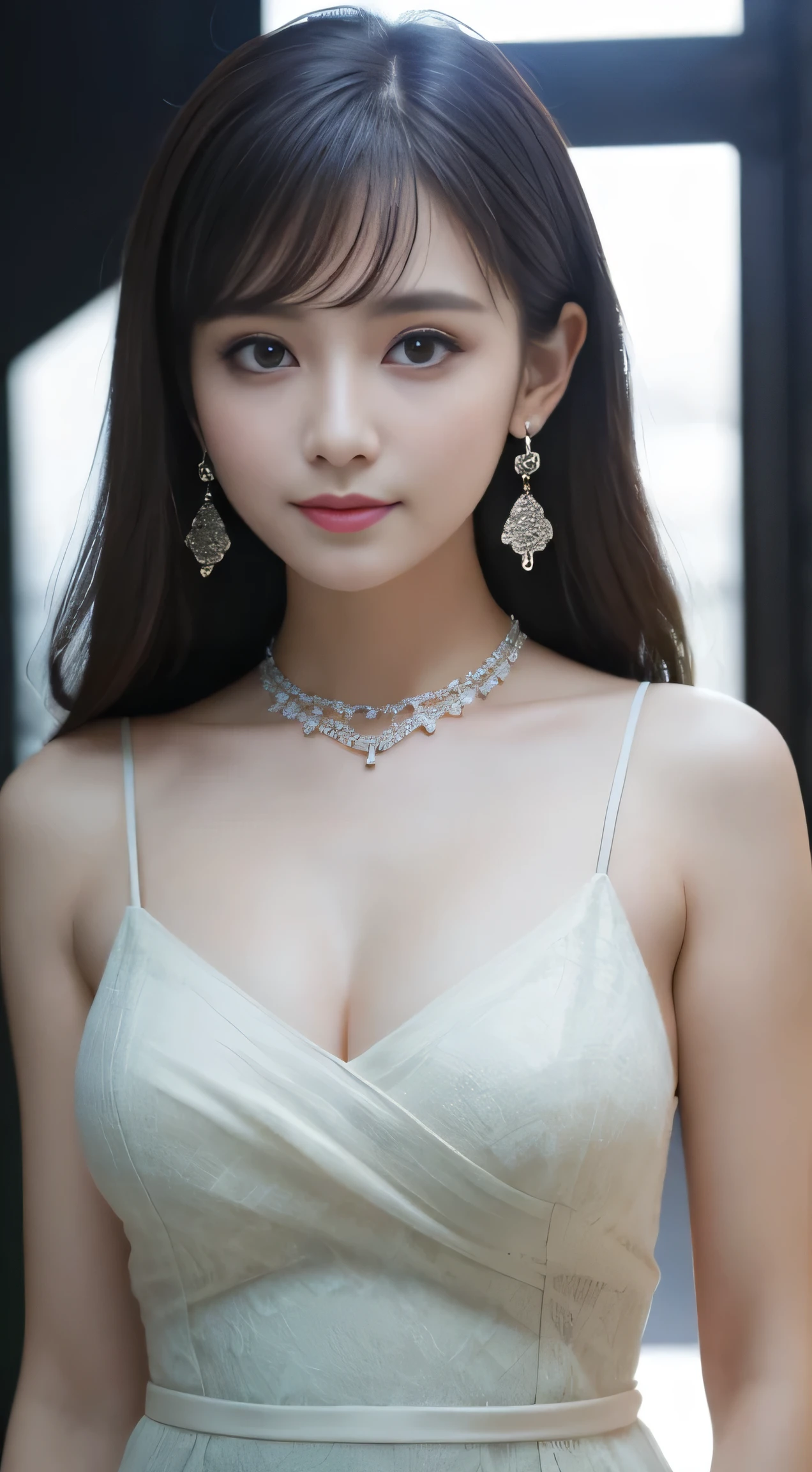 8K, on the table, original photo, best quality, lifelike, Highly detailed CG Unity 8k wallpaper, depth of field, Light, 镜头Light晕, Light线追踪, (extremely beautiful face, beautiful lips, beautiful eyes), complex and detailed face, ((Ultra-fine skin)) 1 girl in, in the darkness, deep shadow, cute trumpet, ((looking at the audience)), (seductive smile), (blurred background), earrings, bracelet, necklace, clear eyes, frontal shot, (pale skin), face forward, (big eyes), (upper body shot), (camel toe), white的頭髮、blue eyes、white、Winters、green trees々、陽Light