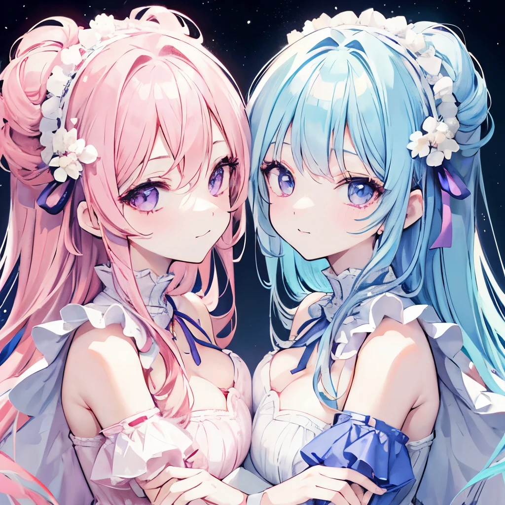 Twins with similar appearance The first has light blue hair and the second has light pink hair and light purple eyes They hug each other White lace clothes Smile Shy face Cute Close-up of their faces