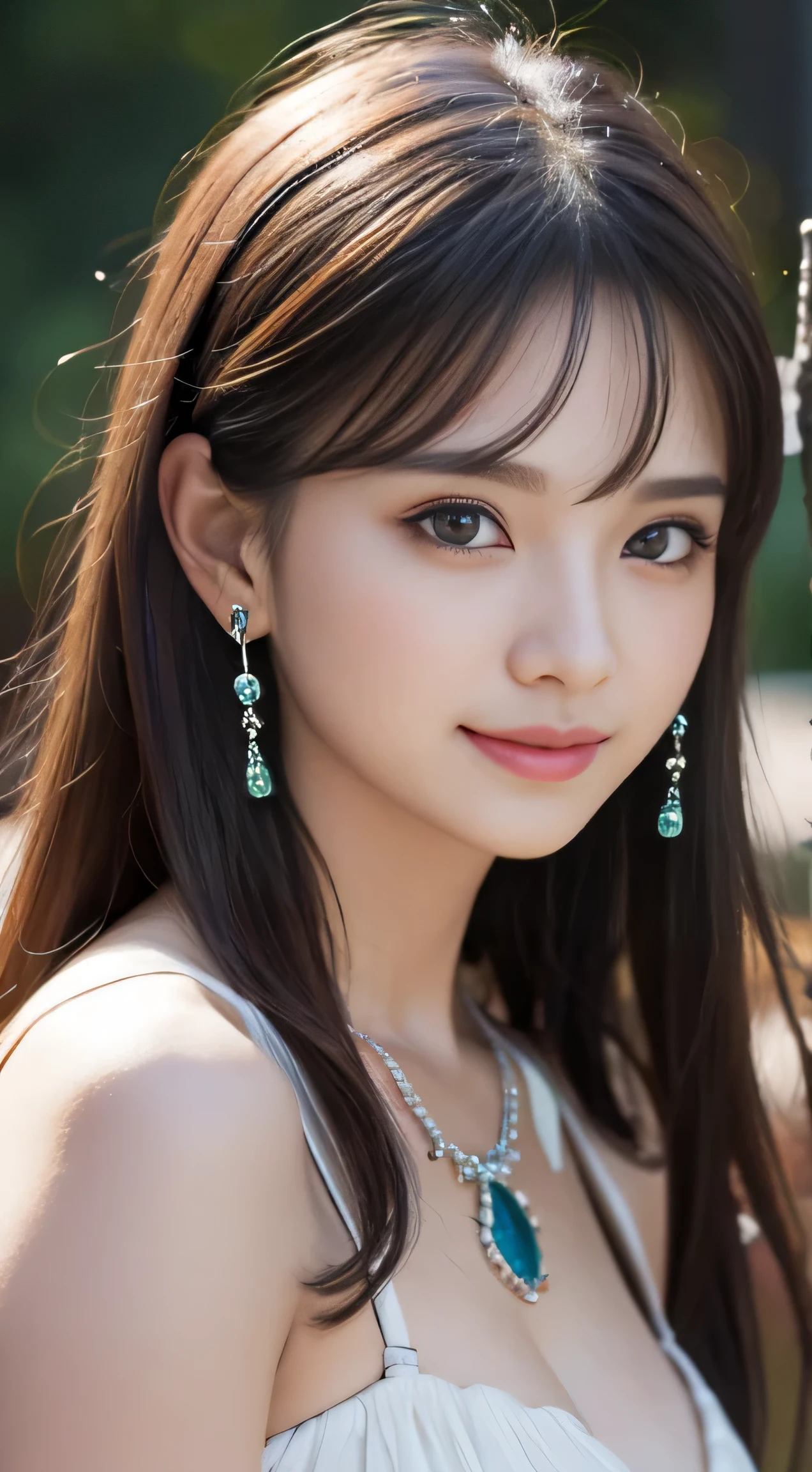 8K, on the table, original photo, best quality, lifelike, Highly detailed CG Unity 8k wallpaper, depth of field, Light, 镜头Light晕, Light线追踪, (extremely beautiful face, beautiful lips, beautiful eyes), complex and detailed face, ((Ultra-fine skin)) 1 girl in, in the darkness, deep shadow, cute trumpet, ((looking at the audience)), (seductive smile), (blurred background), earrings, bracelet, necklace, clear eyes, frontal shot, (pale skin), face forward, (big eyes), (upper body shot), (camel toe), white的頭髮、blue eyes、white、Winters、green trees々、陽Light