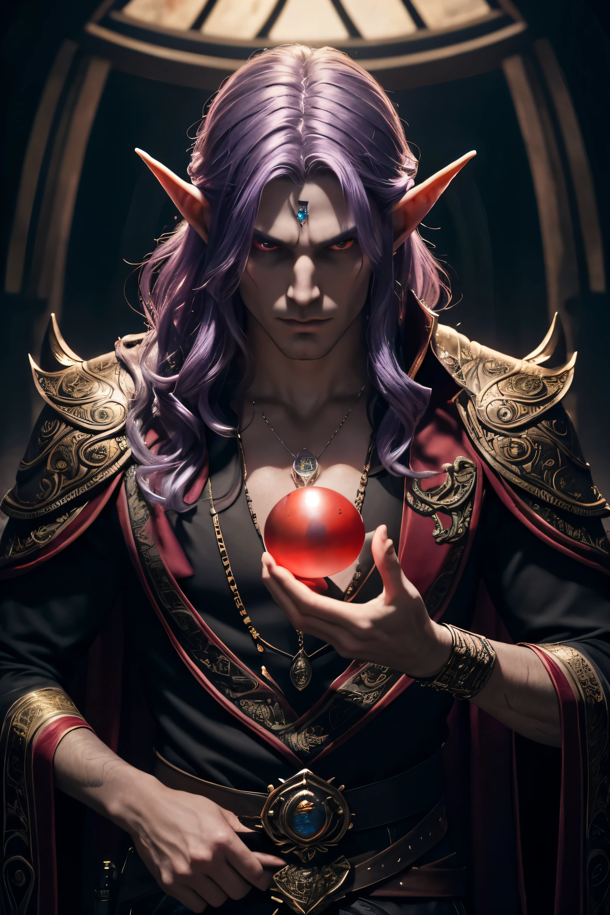 Male, elven man, A young adult Dusk Elf male, he has ghastly pale skin, he has purple hair and an glowing red orb in his hand (1.1), holding a red orb in one hand, he has a red jewel necklace, red bloodstone necklacehe has pale skin, he has white skin, he is handsome with sharp features, he is facing the viewer side on with the red orb clutched in one hand(1.1). isometric view, facing diagonal, He wears a red jeweled necklace (1.0), he is scary, he is menacing handsome, scary, gothic (1.1) (RAW photo., best quality), (realistic, Realistic), NVIDIA RTX Ray Tracing, octan render, high-resolution, beautiful, Awesome, finely and highly detailed, masterpiece, ultra-detailed, High, (best illustration), (best shadow), intricate, sharp focus, perfect composition, dark fantasy, volumetric mist, 8k UHD, DSLR, high quality, (grain of film: 1.4), Fujifilm XT3, art-station, smooth
