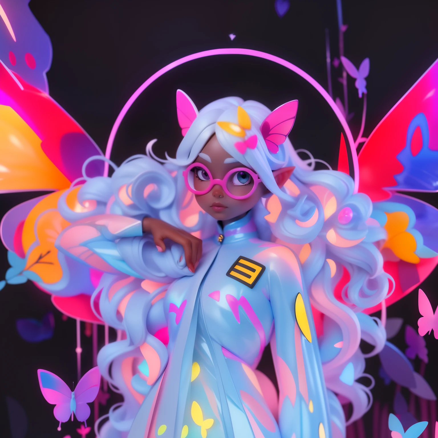 Dark-skinned elf woman with silver hair, pink round glasses, butterfly decoration, pink eyes, transparent mackintosh, white eyebrows, cat silhouette decoration on head, colourful, black background, high quality, high image quality, iridescent hair and clothes