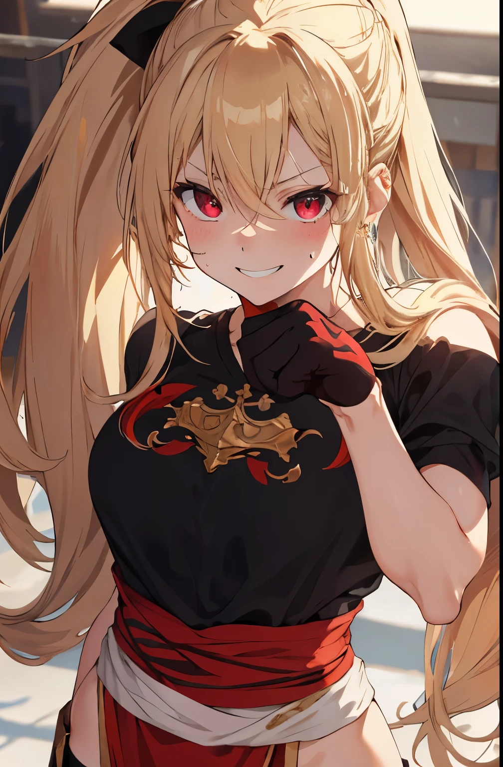 {{{{masterpiece}}}}/{{{{highest quality}}}}/girl/hair color is blonde/long hair/red eyes/I have my hair in a ponytail/slightly muscular body/Loincloth only/punching pose/sweating/smile/Trance/Complex/warm proof/Match ring on the background/