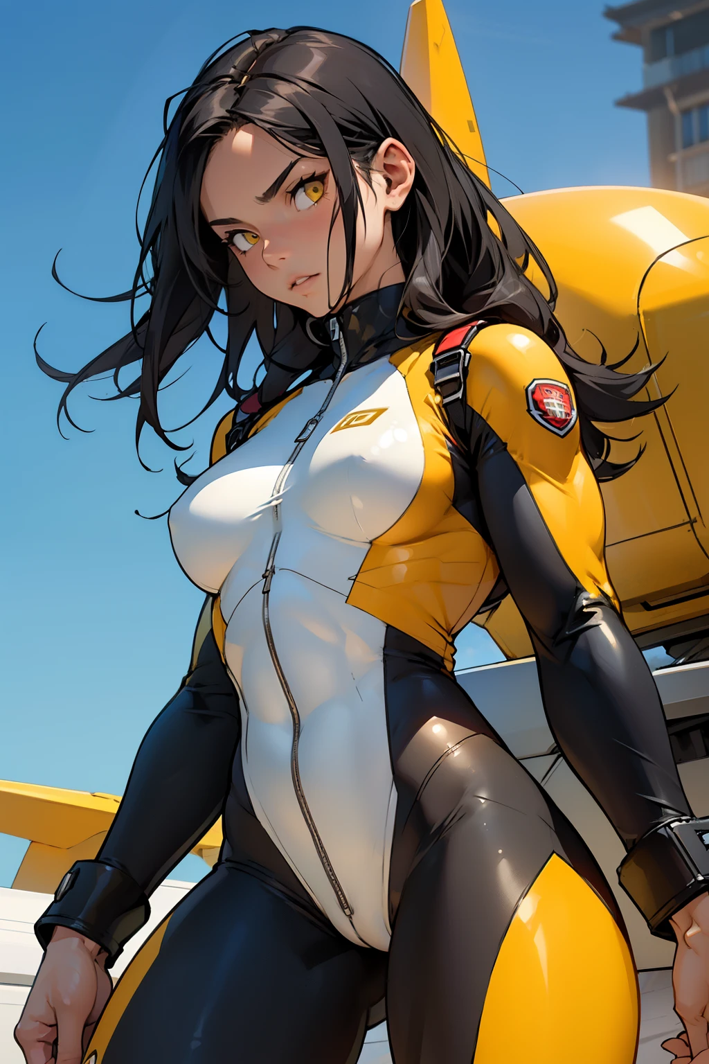 (((muscular 1 girl))) (fit thighs perky breasts wide hips toned body pilot suit bodysuit) yellow eyes black hair long hair pale skin