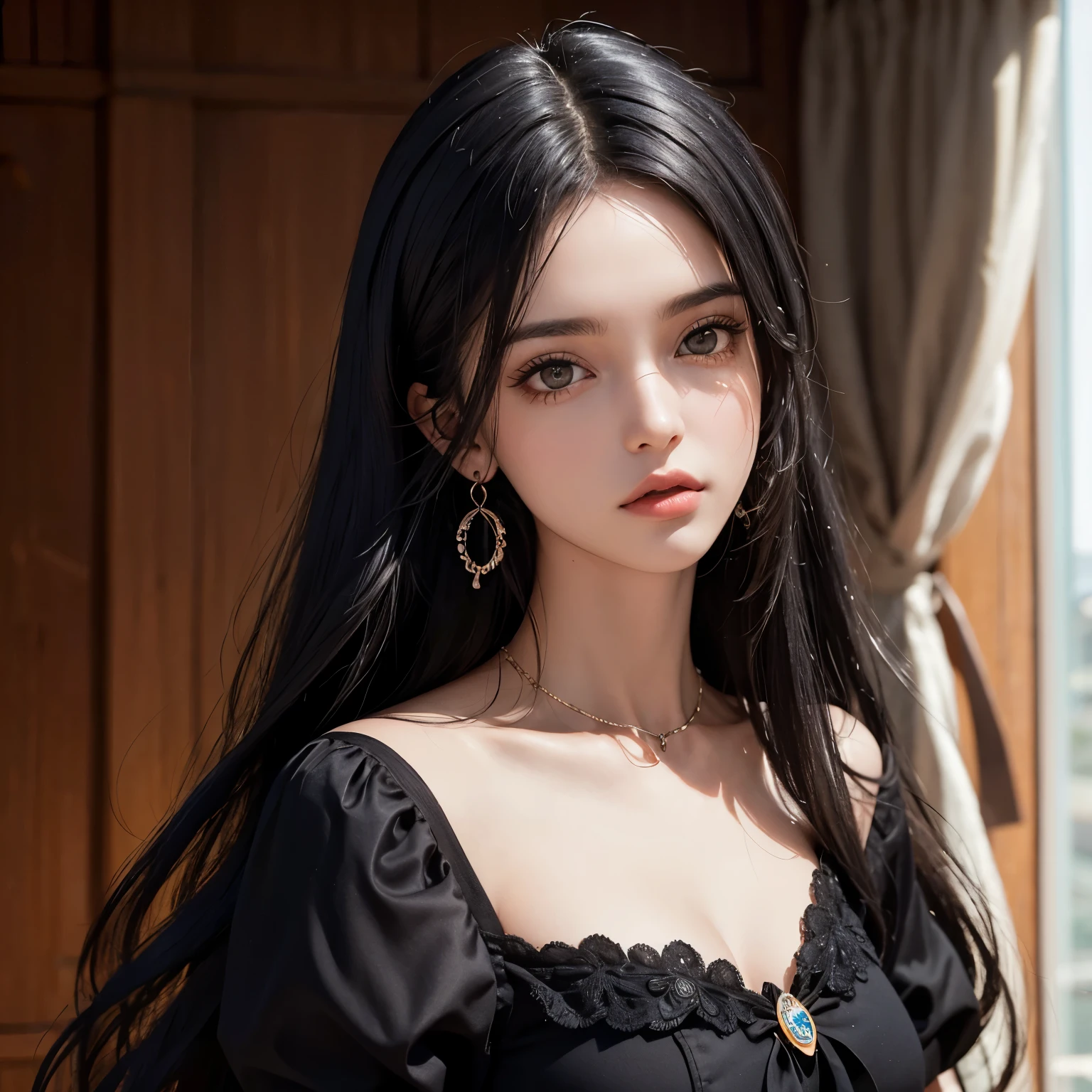 Uma mulher de 19 anos muito bonita, cabelo preto curto e com uma franja um pouco ondulado, olhos azuis claro, tem o rosto bem feminino e redondo e algumas sardas no rosto