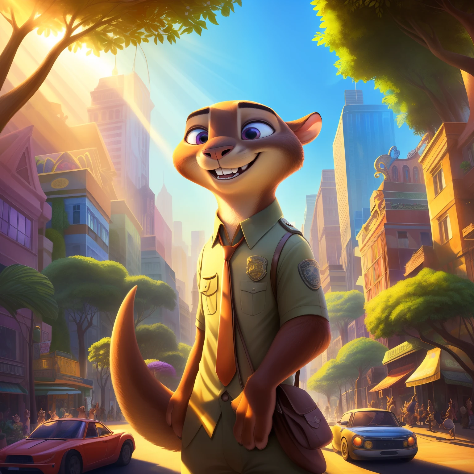 (ultra detailed), a beautiful and stunning full-size portrait of a Capibara-style Zootopia character,
((capibara ears, rodent teeth, round body, brown fur, long snout)),
((expressive eyes, big and bright, with a captivating smile)),
((detailed texture on the fur, giving a lifelike appearance)),
((set against a lush and vibrant jungle backdrop)),
((Zootopia cityscape, colorful buildings, and bustling streets in the background)),
((clear and sunny day, with rays of sunlight filtering through the trees)),
((an intricately detailed background featuring the exotic flora and fa