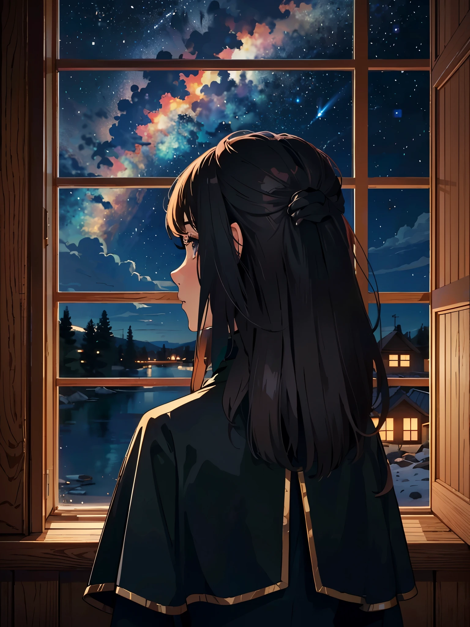 masterpiece, high quality, illustration, extremely detailed, 1_women, (upper body), (black hair), long hair, hair down, (facing away from the viewer), back of head, black dress, black cloak, inside rustic cabin room, window, night sky, stars,