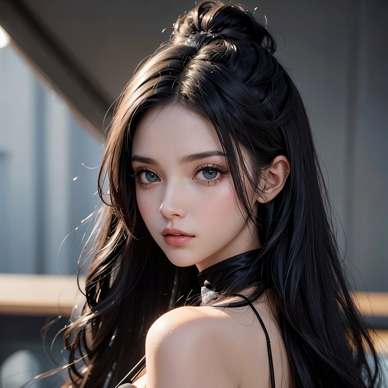 Uma mulher de 19 anos muito bonita, cabelo preto curto e com uma franja um pouco ondulado, olhos azuis claro, tem o rosto bem feminino e redondo e algumas sardas no rosto
