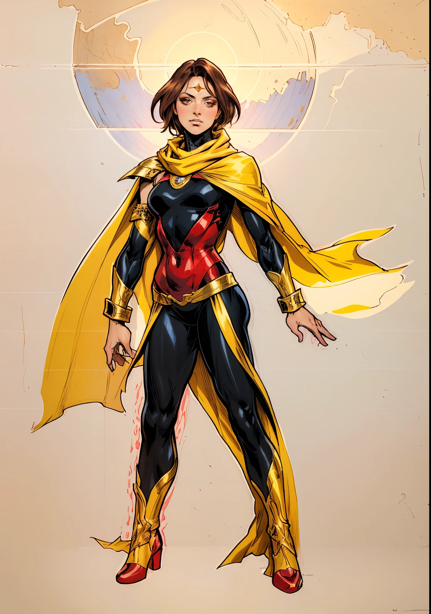 A teenager girl with short brown hair, delicate features, a focused gaze, a determined expression, she has a petite figure akin to a gymnast, adorned with a long flowing cape-like scarf in red and yellow hues, a fantasy-realism-style gymnastics leotard with a long hemline attached, paired with matching leggings, ((black as the main color, complemented by red and yellow accents)), (she poised on a vast stage enveloped in mystery, she emitting a sacred glow in the dim environment), this character embodies a finely crafted fantasy-realism-style dancer in anime style, exquisite and mature manga art style, perfect body, porcelain skin, high definition, best quality, highres, ultra-detailed, ultra-fine painting, extremely delicate, professional, anatomically correct, symmetrical face, extremely detailed eyes and face, high quality eyes, creativity, RAW photo, UHD, 32k, Natural light, cinematic, masterpiece-anatomy-perfect, masterpiece:1.5