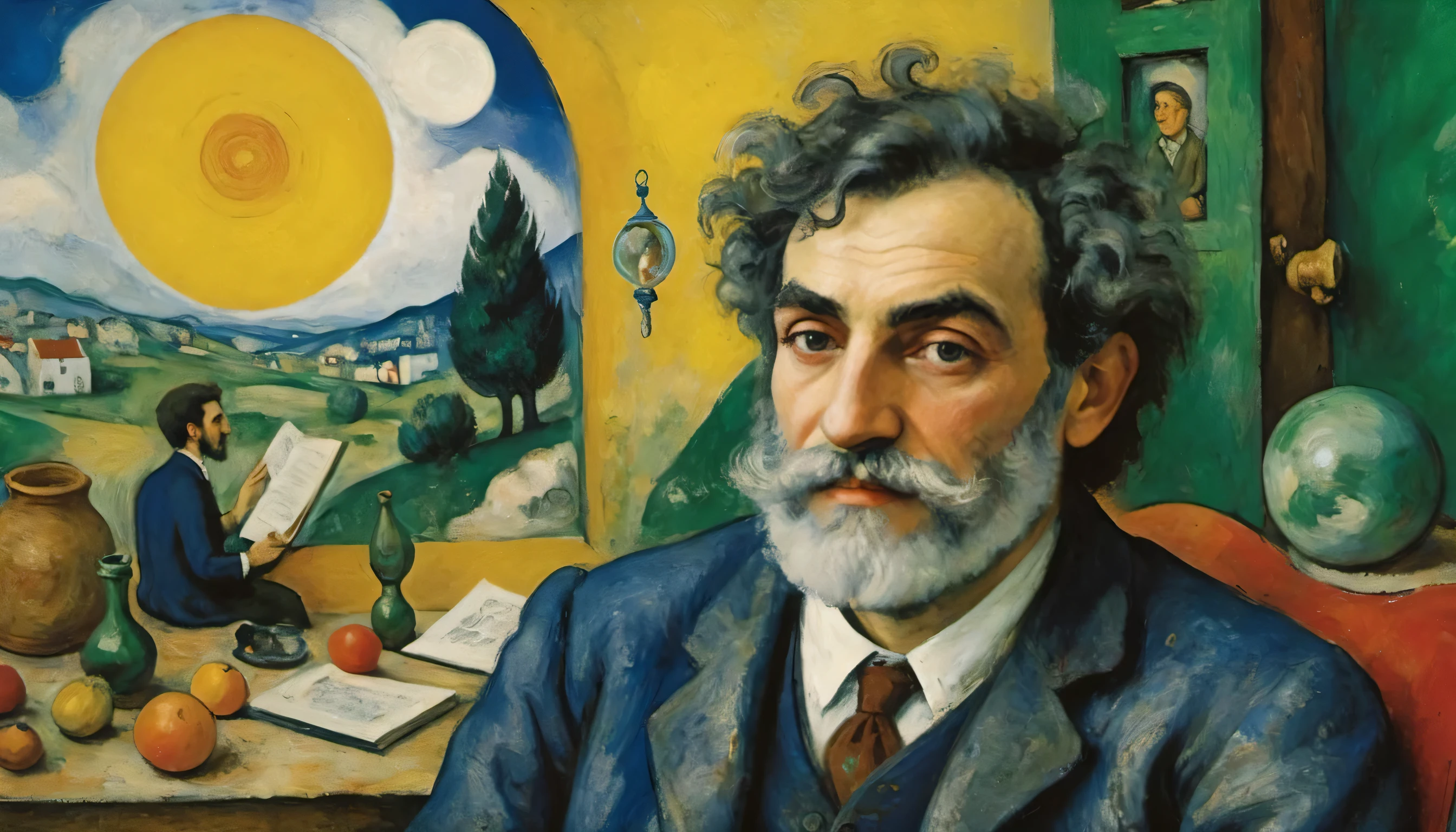 [retrato de um jovem professor de barba e cabelos loiros olhando para o lado:16]:[comemoro ((Estilo Marc Chagall)), magical naive art, primitivismo, Protogen,]:intricado, detalhe extremo, ((Neo-Impressionism:1.2)), Chave complexa, ((single shot)), ((Melhor qualidade)), ((obra de arte)), 8k