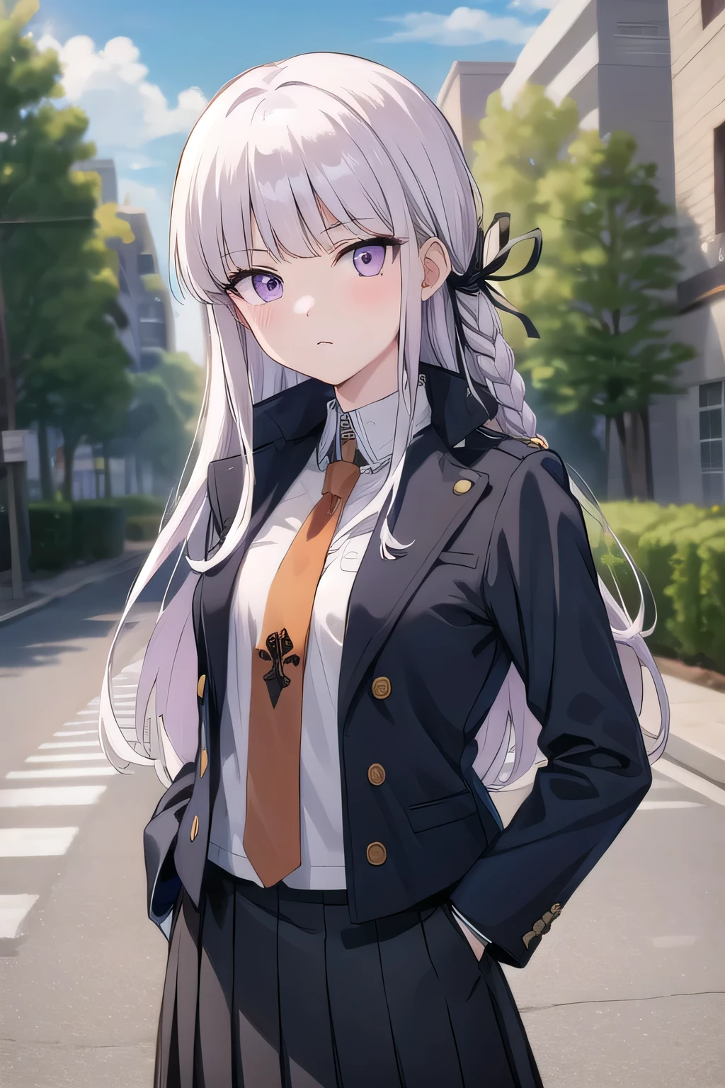masterpiece, best quality, Kyoko, purple eyes, purple hair, long hair, braid, black gloves, purple jacket, purple skirt, brown necktie, white shirt, 1girl, hands in pockets, outdoors,