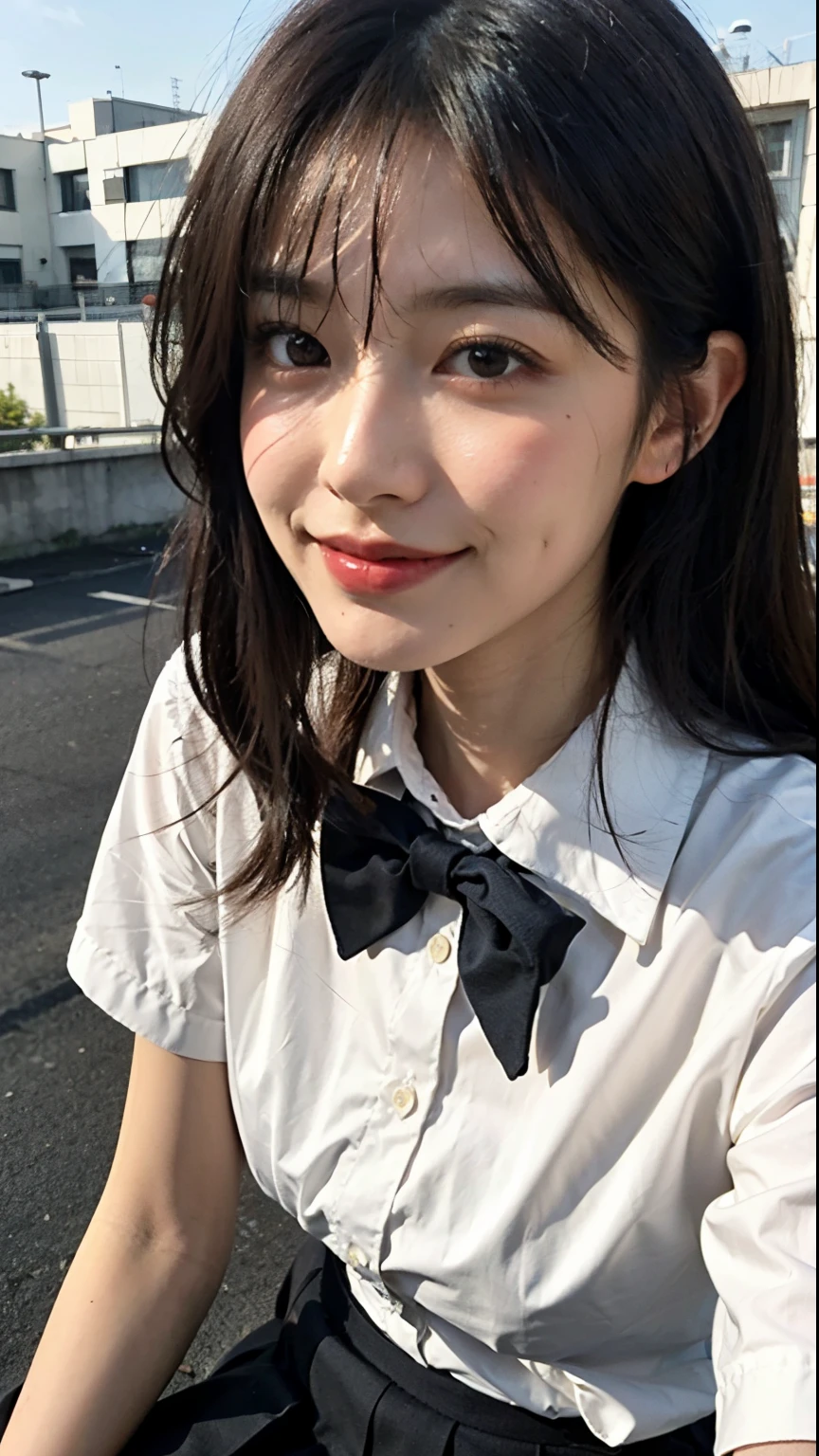 Pants fully visible,masterpiece, close-up shot of face, 1 girl per photo, Front view, young beautiful japanese woman, cute pose at the school roof with a big smile, glamorous look, He is wearing a short-sleeved white collared silky shirt with a plain bow tie of shiny red satin。, She is wearing a long navy pleated skirt., super cute face, glossy lips, double eyelids in both eyes, natural makeup, long eyelashes, Shiny smooth light brown medium length hair, asymmetrical bangs, sunburned skin, center image, 8K resolution, high detail, detailed hairstyle, detailed face, great cinematic lighting, octane rendering, lively, surreal, perfect limbs, perfect anatomy