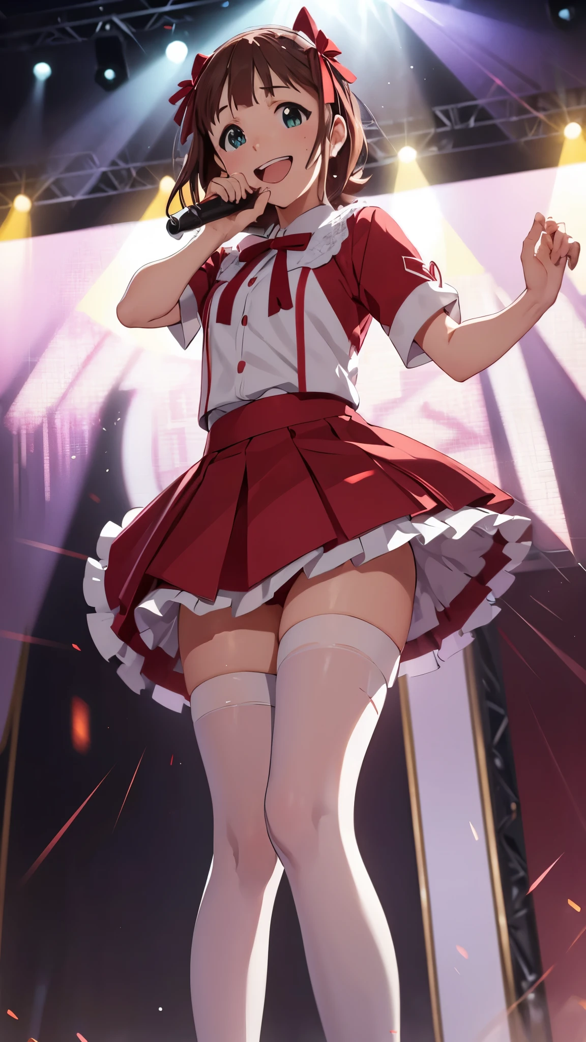 CG, Unity, 8K, wallpaper, Highest quality, masterpiece, cute girl is singing, Amami Haruka, (smile: 1.3), Please open your mouth wide, Small symmetrical ribbons on either side of the head, (Red Skirt: 1.3), (Skirt Lift:1.5),(white_Lace panties:1.5) break, (whiteストッキング: 1.3), Sweaty, Best lighting, Complex pupil, Complex weaving, Detailed Background, on stage, Particles of light, Singing on stage as a top idol