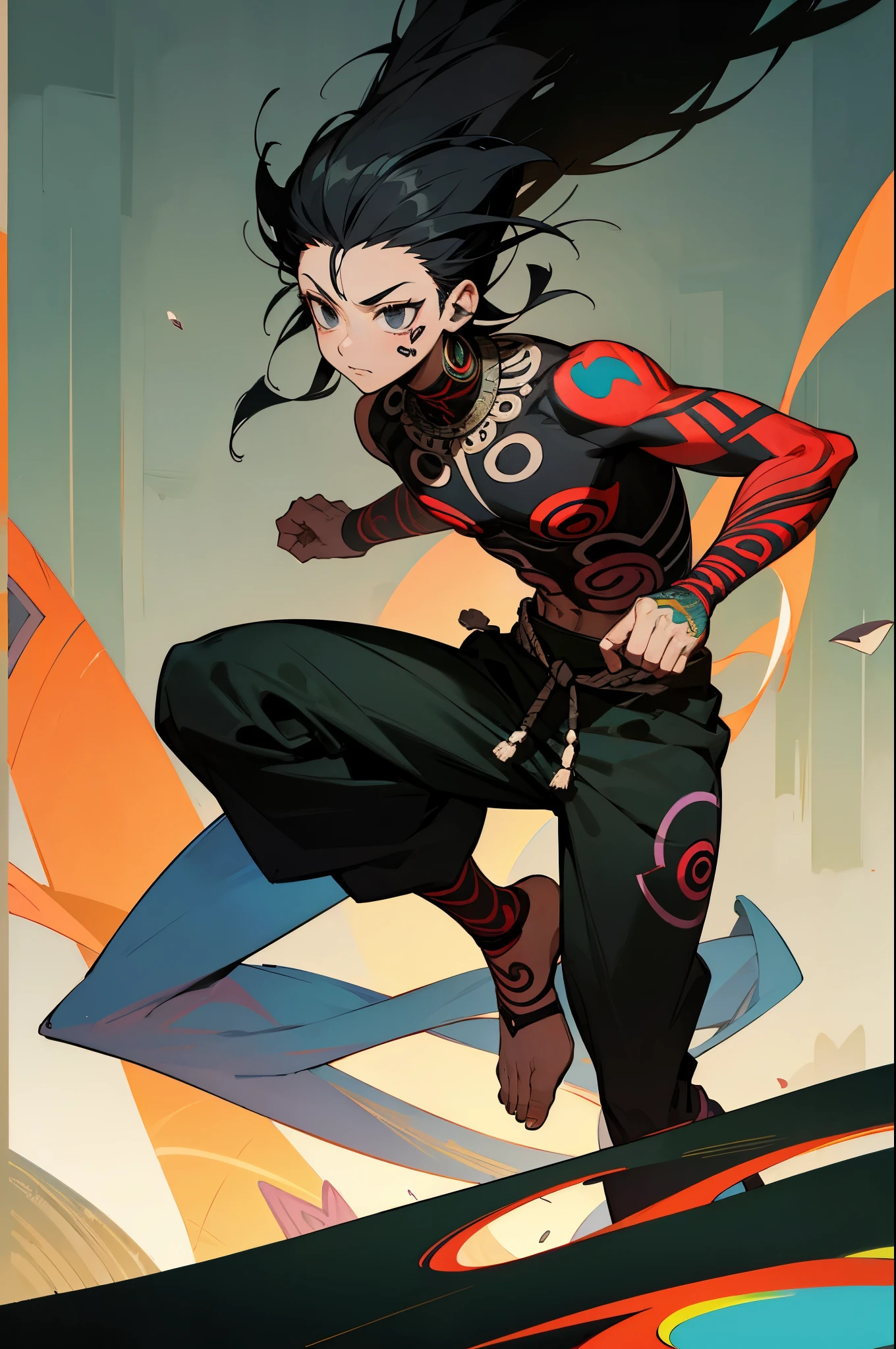 Tribal black haired boy with black eyes covered in tattoos wearing tribal clothes in hunter x hunter art style city background full body