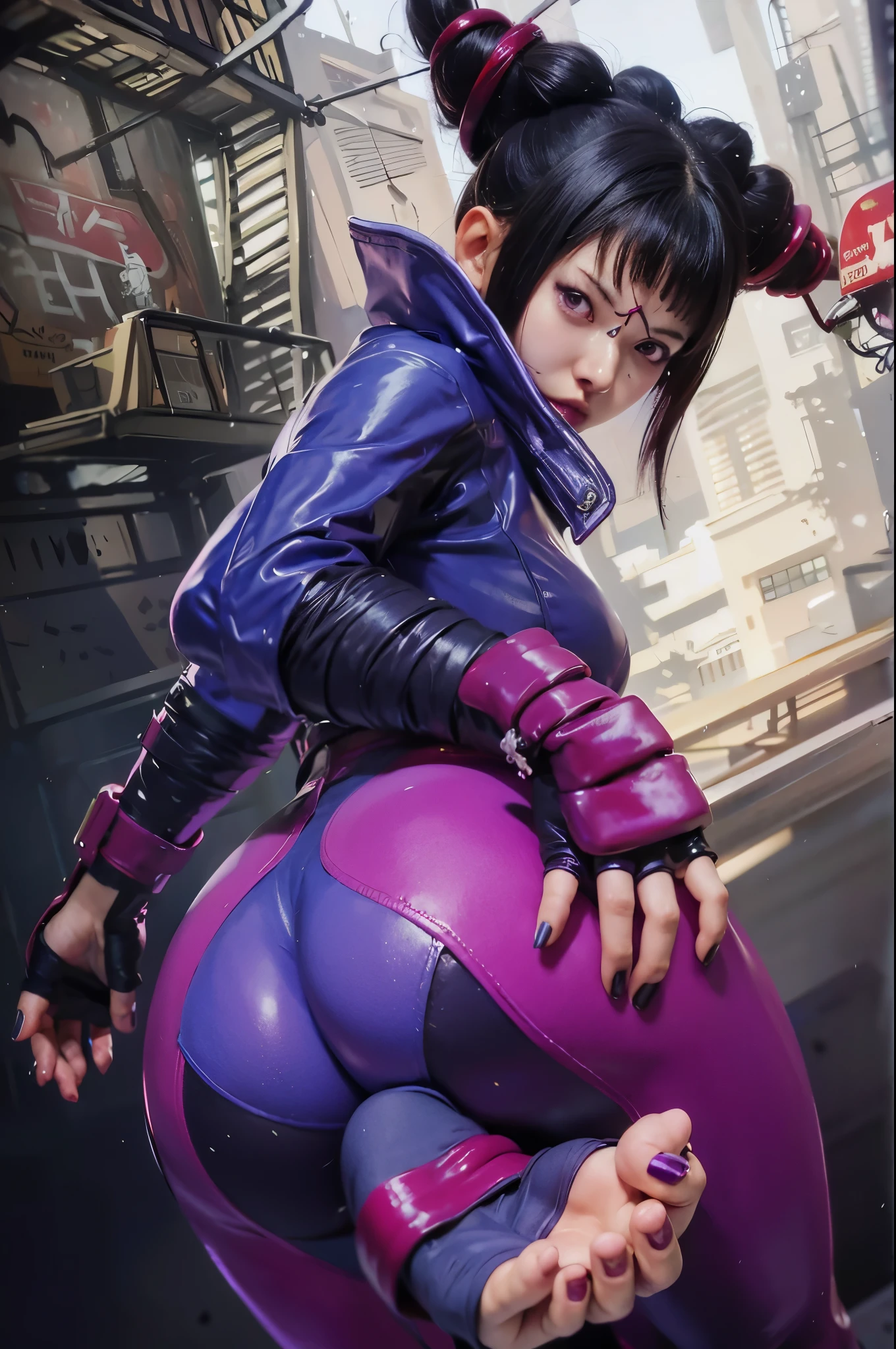 a close up of a woman in a purple outfit holding a red fire hydrant, juri han from street fighter, wearing eye patch, inspired by Masamune Shirow, anime cyberpunk art, jojo anime style, portrait ninja gaiden girl, juri misaki, style of masamune shirow, digital cyberpunk anime art, portrait of chun - li, oppai cyberpunk