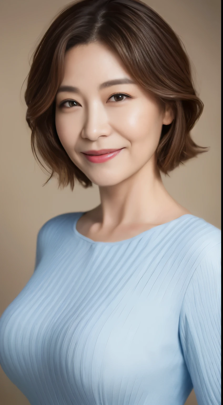 ((highest quality, 8K, masterpiece: 1.3)), 1 female, Korean woman in her 40s, Slender abs beauty: 1.3, (hairstyle casual, big and full breasts: 1.2), dress: 1.1, Extra-fine face, detailed eyes, double eyelid, smile, ditch, arms are not photographed