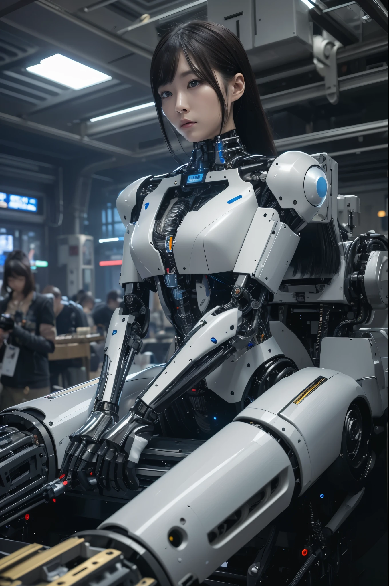 masterpiece, best quality, extremely detailed,8k portrait,Japaese android girl,Plump,control panels,android,Droid,Mechanical Hand, Robot arms and legs, Black Robot Parts,Black hair,Mechanical body,Blunt bangs,White robotics parts,perfect robot girl,long tube,thick cable connected her neck,ceramic body ,mechanical body,mechanical costume,android,robot,humanoid,cyborg,japanese android woman,mechanical chest,future laboratory,connecting a cable between the legs,（blue eyes:1.5）