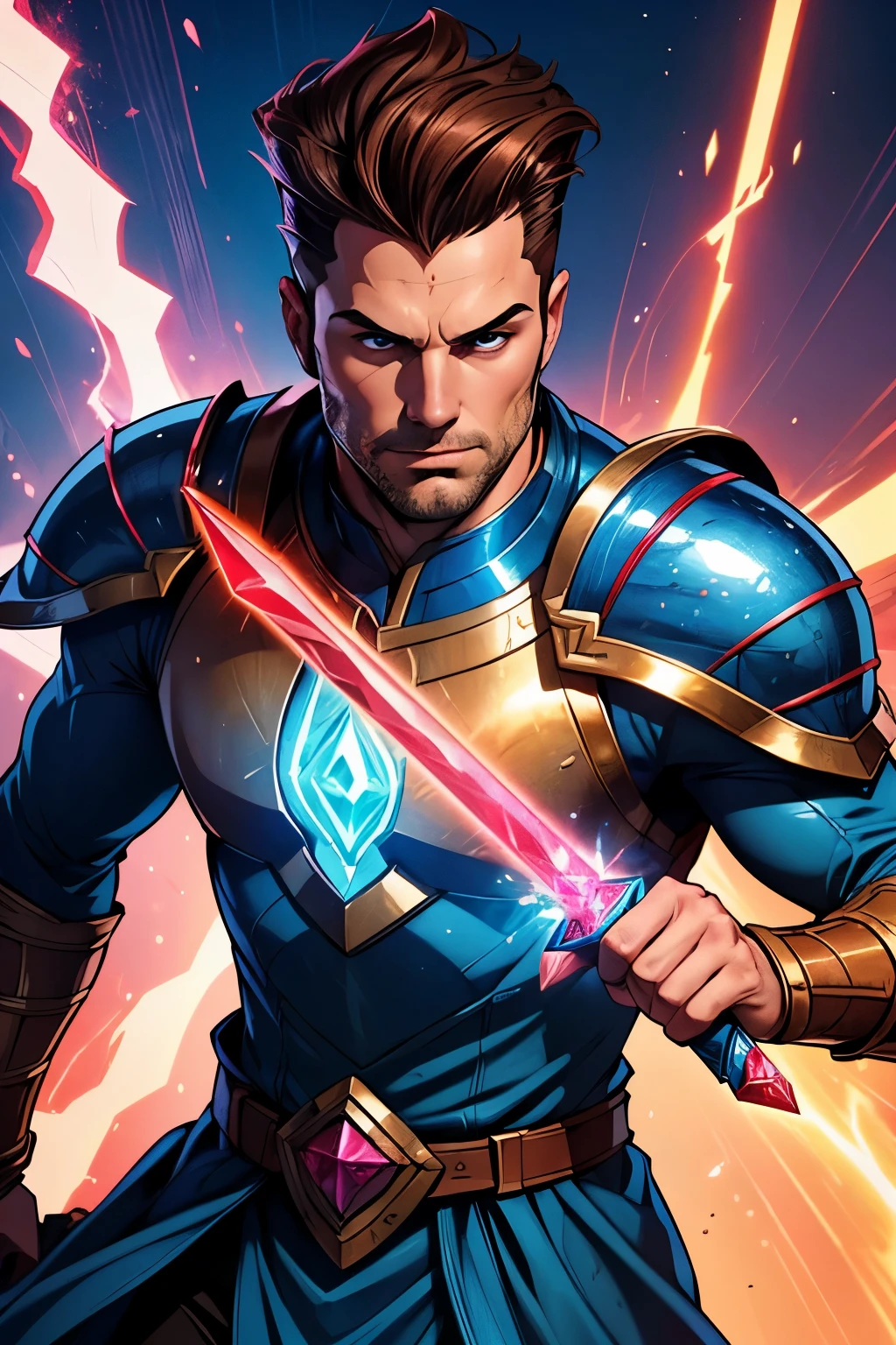 (high quality,ultra-detailed,best quality:1.2),adult man,detailed brown hair styled in a quiff, wears a helmet covering the forehead,armor in blue emitting a vibrant blue and red energy, wields a razor-sharp sword made of a pink crystal