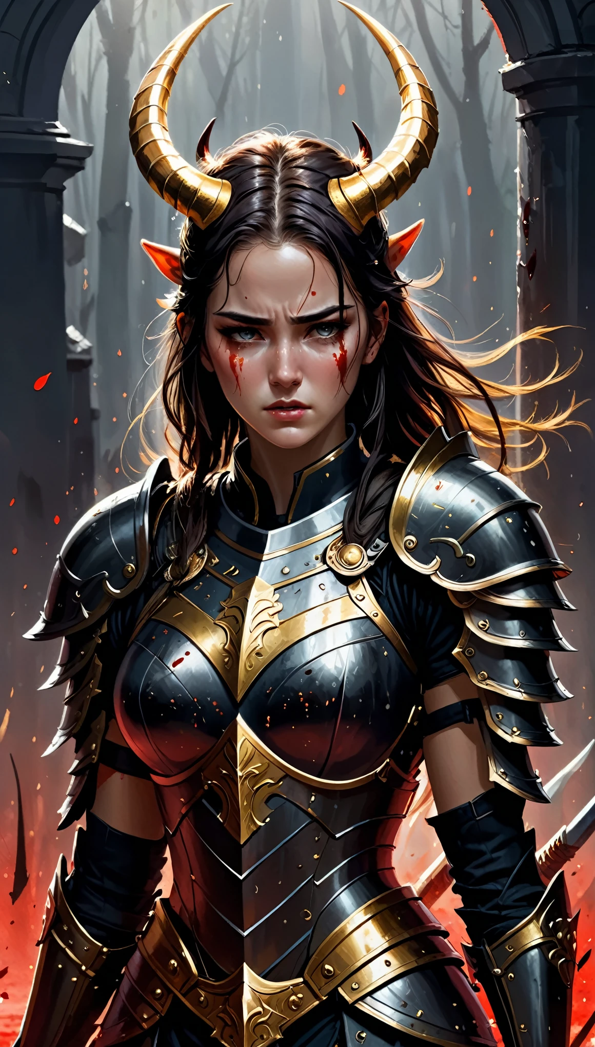 Armand Guillemann style, character concept design, half painting, depicts a female warrior with a golden head and horns, wearing dark armor, standing proudly though wounded. There were tears in his eyes, but his expression was fierce, and he leaned forward slightly, as if he were using his last strength to stay on his feet. (Blood trickled down her right arm between her fingers, staining her armor and palm)), but her expression was grievously crying, clenching her teeth, unwilling to show any weakness. The look in her eyes was the most striking part. Those bright eyes, full of indomitability and perseverance, glistened with tears. Her eyes were straight ahead, as if she were glowering at an invisible enemy, and her haughty head would never lower even in defeat. In the background, spattered blood surrounds the girl warrior, forming a tragic and shocking picture. The color of the blood contrasted with the dark color of the armor, which highlighted her bravery and indomitability