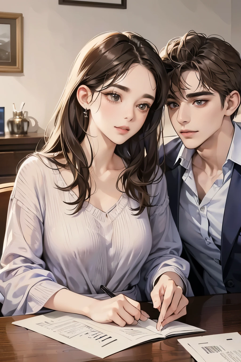 (table top, digital art, digital illustration, 4k, 8K, Super detailed, beautiful images, clear image, realistic, Raw photo, perfect face, perfect lines, perfect eyes, soft lighting) 1 female, (light brown hair,chignon hair,innocent look,droopy eyebrows,droopy eyes,With a round face,round chin、innocence,cute,Big eyes,natural makeup,smile gently,E cup,23 years old:1.3),Two handsome men in suits, (human,man wearing a suit,muscular,solid shoulder width,adult male,boyish hairstyle,A man in his 30s with a cool expression,28 year old man with a bright smile:1.2)、Department store、art supply store、couple、coupleキス、romance porn、見つめ合うcouple、