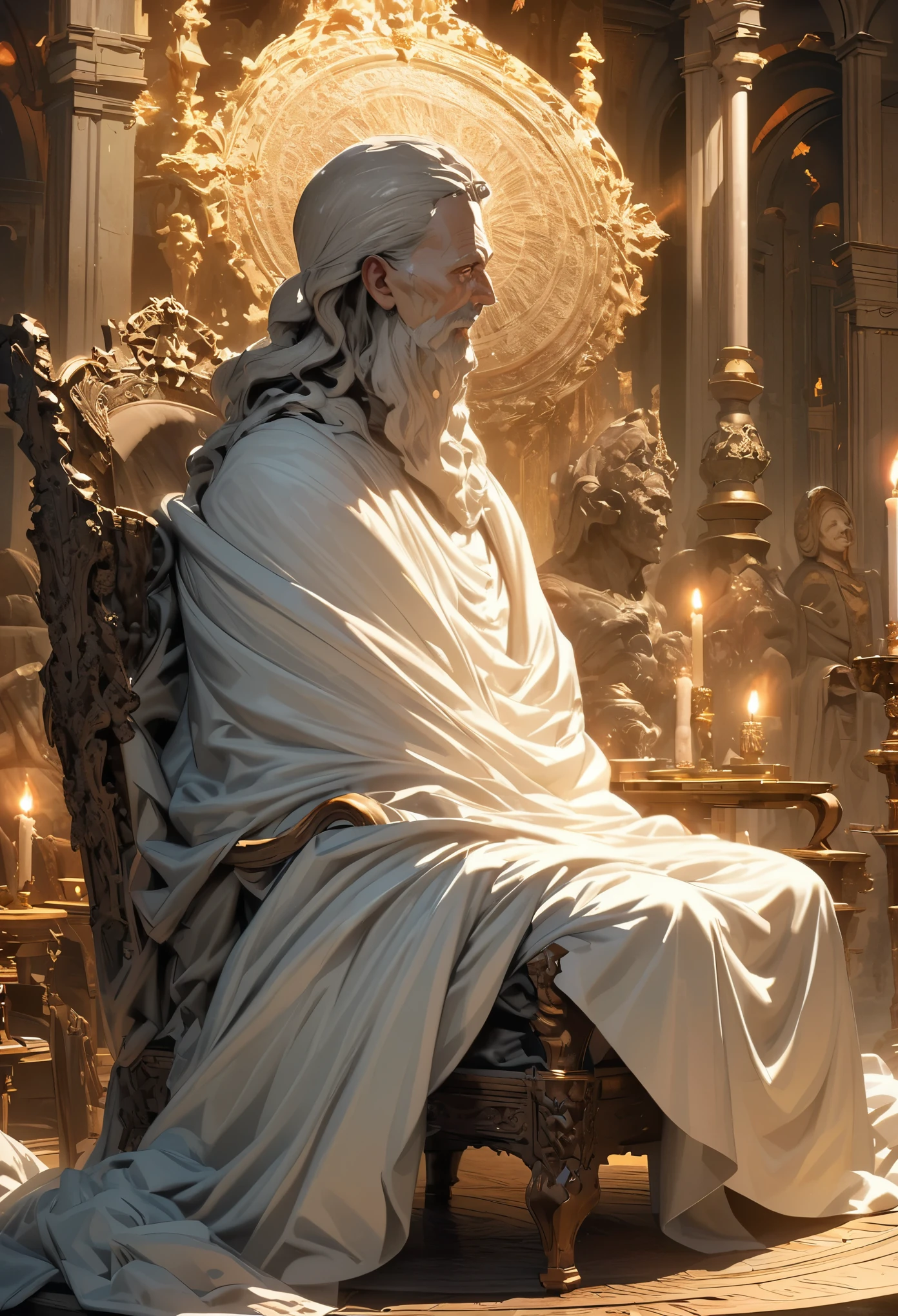 An old man sits in an old chair in the library, wrapped in sheets, hermit, Marble statue of, dark octane rendering, candle light lighting, Baroque, European, mandala, side view from bottom, anatomically correct, super detailed