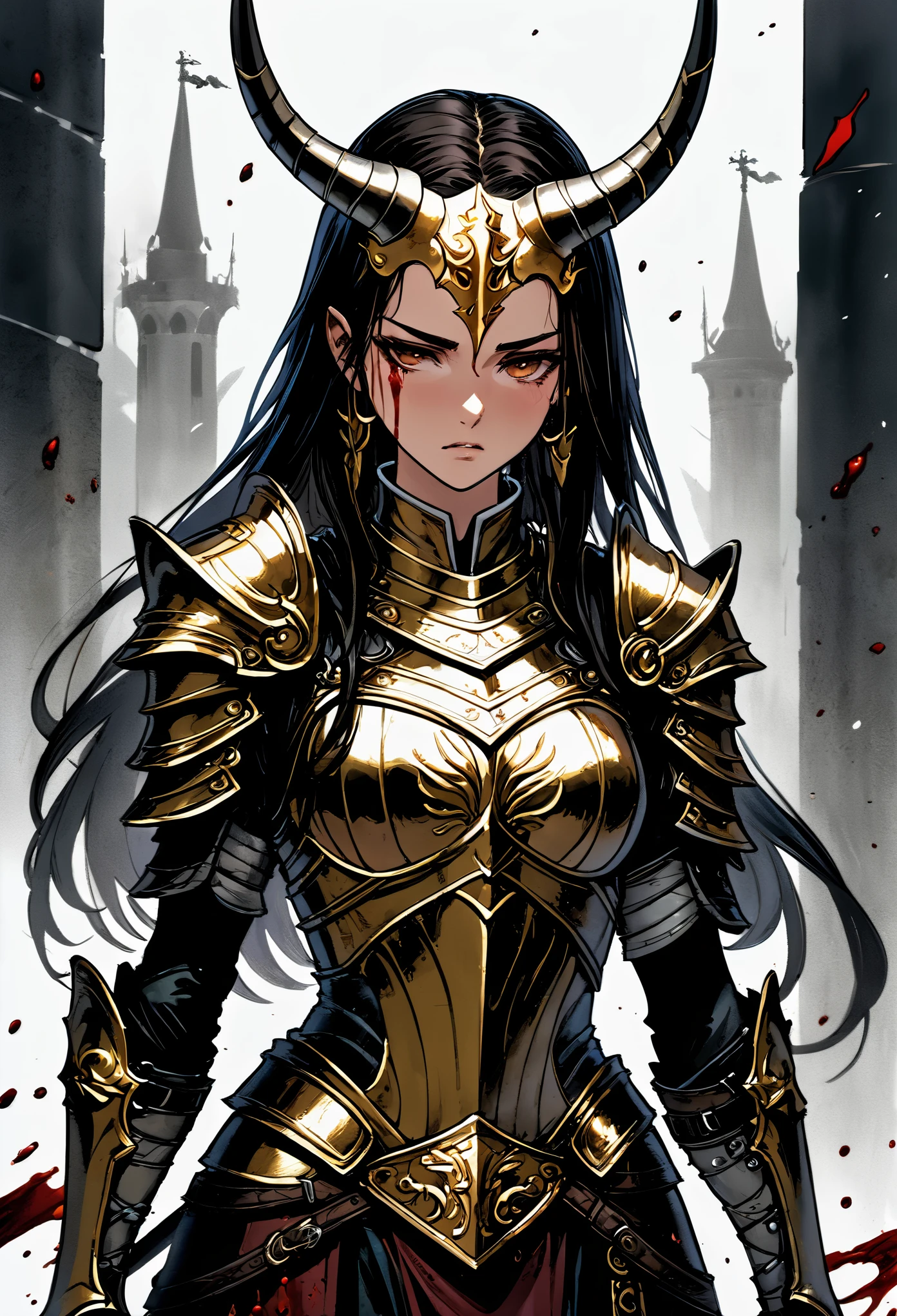 Armand Guillemann style, character concept design, half painting, depicts a female warrior with a golden head and horns, wearing dark armor, standing proudly though wounded. There were tears in his eyes, but his expression was fierce, and he leaned forward slightly, as if he were using his last strength to stay on his feet. (Blood trickled down her right arm between her fingers, staining her armor and palm)), but her expression was grievously crying, clenching her teeth, unwilling to show any weakness. The look in her eyes was the most striking part. Those bright eyes, full of indomitability and perseverance, glistened with tears. Her eyes were straight ahead, as if she were glowering at an invisible enemy, and her haughty head would never lower even in defeat. In the background, spattered blood surrounds the girl warrior, forming a tragic and shocking picture. The color of the blood contrasted with the dark color of the armor, which highlighted her bravery and indomitability