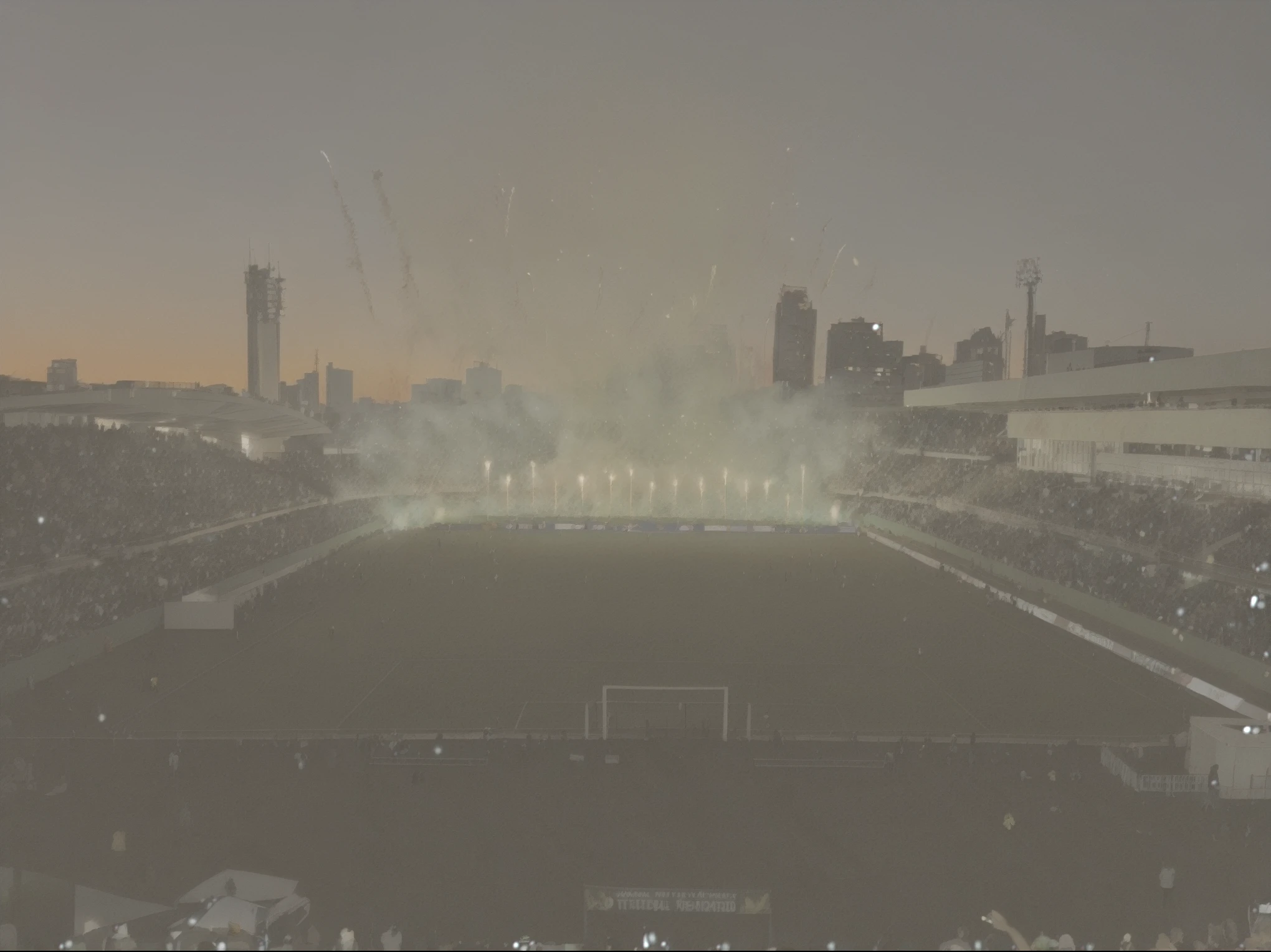 arafed view of a Football stadium with green fireworks, very epic atmosphere, epic atmosfera deslumbrante, dramatic stadium lighting, The stadium is packed, atmosfera deslumbrante, atmosfera linda, art deco stadium, linda atmosfera, holofotes em segundo plano, night scenery, atmosfera real, Campo de grama ao redor da cidade, great atmosphere, Football stadium, stadium full of people, magical atmosphere