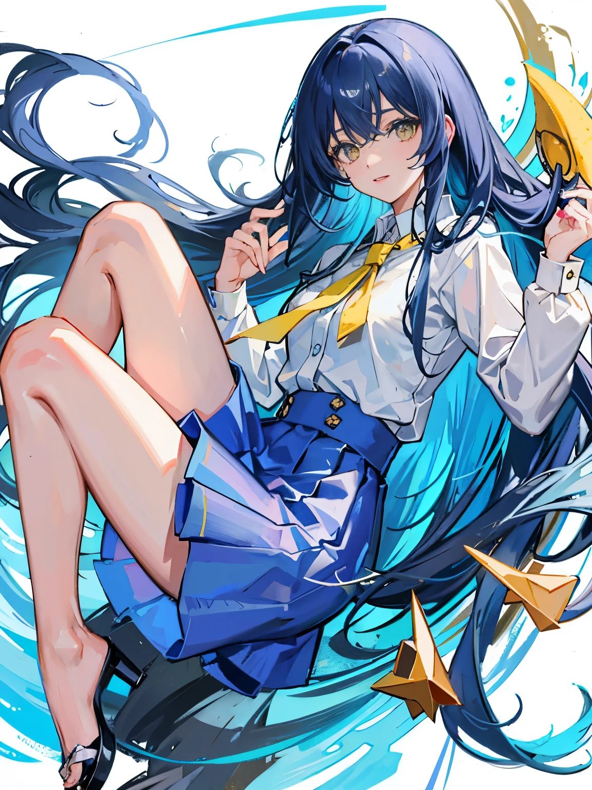 masterpiece, best quality, solo, female, long hair, blue hair, yellow eyes, skirt, long sleeve shirt