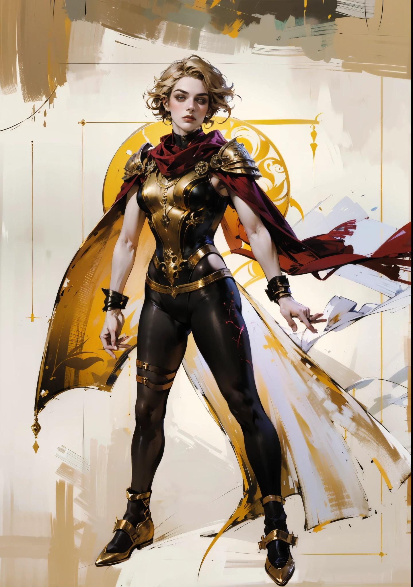 A teenager girl with short brown hair, delicate features, a focused gaze, a determined expression, she has a petite figure akin to a gymnast, adorned with a long flowing cape-like scarf in red and yellow hues, a fantasy-realism-style gymnastics leotard with a long hemline attached, paired with matching leggings, ((black as the main color, complemented by red and yellow accents)), (she poised on a vast stage enveloped in mystery, she emitting a sacred glow in the dim environment), this character embodies a finely crafted fantasy-realism-style dancer in anime style, exquisite and mature manga art style, perfect body, porcelain skin, high definition, best quality, highres, ultra-detailed, ultra-fine painting, extremely delicate, professional, anatomically correct, symmetrical face, extremely detailed eyes and face, high quality eyes, creativity, RAW photo, UHD, 32k, Natural light, cinematic, masterpiece-anatomy-perfect, masterpiece:1.5