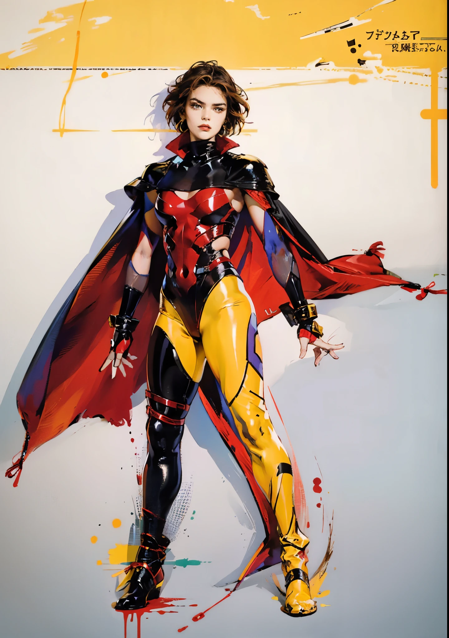 A  girl with short brown hair, delicate features, a focused gaze, a determined expression, she has a petite figure akin to a gymnast, adorned with a long flowing cape-like scarf in red and yellow hues, a fantasy-realism-style gymnastics leotard with a long hemline attached, paired with matching leggings, ((black as the main color, complemented by red and yellow accents)), (she poised on a vast stage enveloped in mystery, she emitting a sacred glow in the dim environment), this character embodies a finely crafted fantasy-realism-style dancer in anime style, exquisite and mature manga art style, perfect body, porcelain skin, high definition, best quality, highres, ultra-detailed, ultra-fine painting, extremely delicate, professional, anatomically correct, symmetrical face, extremely detailed eyes and face, high quality eyes, creativity, RAW photo, UHD, 32k, Natural light, cinematic, masterpiece-anatomy-perfect, masterpiece:1.5