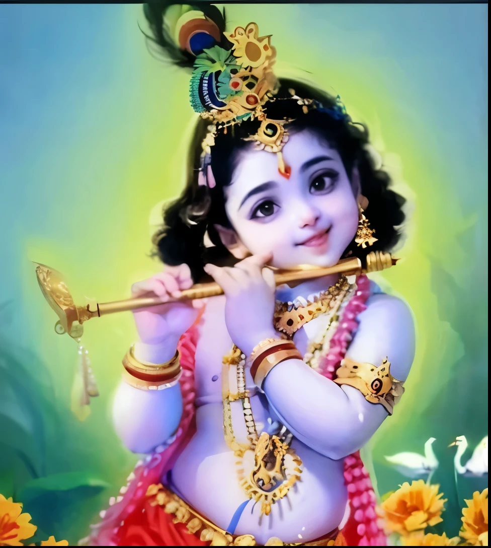Baby Krishna holding a flute, adorable face, cute smile
