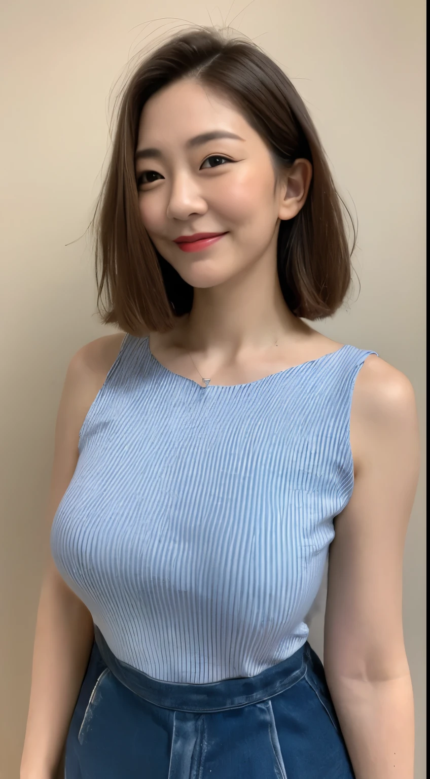 ((highest quality, 8K, masterpiece: 1.3)), 1 female, Korean woman in her 40s, Slender abs beauty: 1.3, (hairstyle casual, big and full breasts: 1.2), dress: 1.1, Extra-fine face, detailed eyes, double eyelid, smile, ditch, arms are not photographed