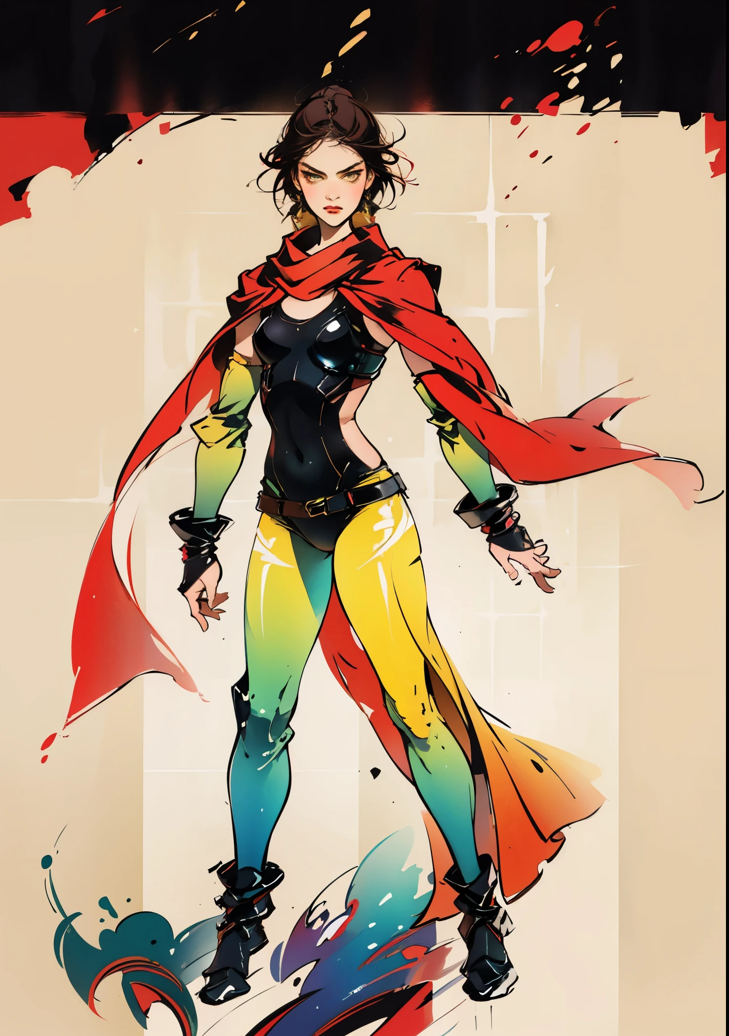 A teenager girl with short brown hair, delicate features, a focused gaze, a determined expression, she has a petite figure akin to a gymnast, adorned with a long flowing cape-like scarf in red and yellow hues, a fantasy-realism-style gymnastics leotard with a long hemline attached, paired with matching leggings, ((black as the main color, complemented by red and yellow accents)), (she poised on a vast stage enveloped in mystery, she emitting a sacred glow in the dim environment), this character embodies a finely crafted fantasy-realism-style dancer in anime style, exquisite and mature manga art style, perfect body, porcelain skin, high definition, best quality, highres, ultra-detailed, ultra-fine painting, extremely delicate, professional, anatomically correct, symmetrical face, extremely detailed eyes and face, high quality eyes, creativity, RAW photo, UHD, 32k, Natural light, cinematic, masterpiece-anatomy-perfect, masterpiece:1.5