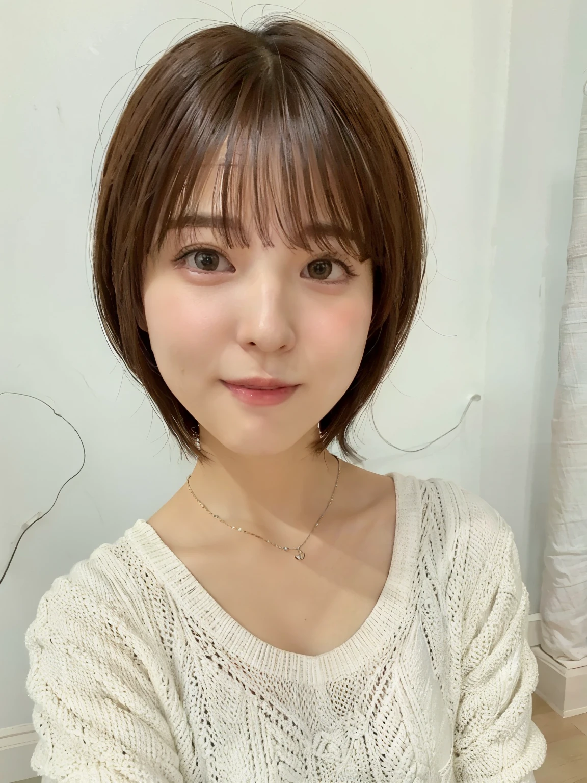table top、floral long sleeve dress、Photographed in natural light、(8k、RAW photo、highest quality、masterpiece:1.2)、High-definition RAW color photo、professional photos、(realistic、photo realistic:1.37)、1 girl、laughter、white wall、Taken in front of the white door、(窓のあるwhite wallの部屋)、Various poses、simple necklace、spring clothes、don't look at the camera、dark brown hair color、short hair、profile、Landscape、shot from above、Eye color is dark brown